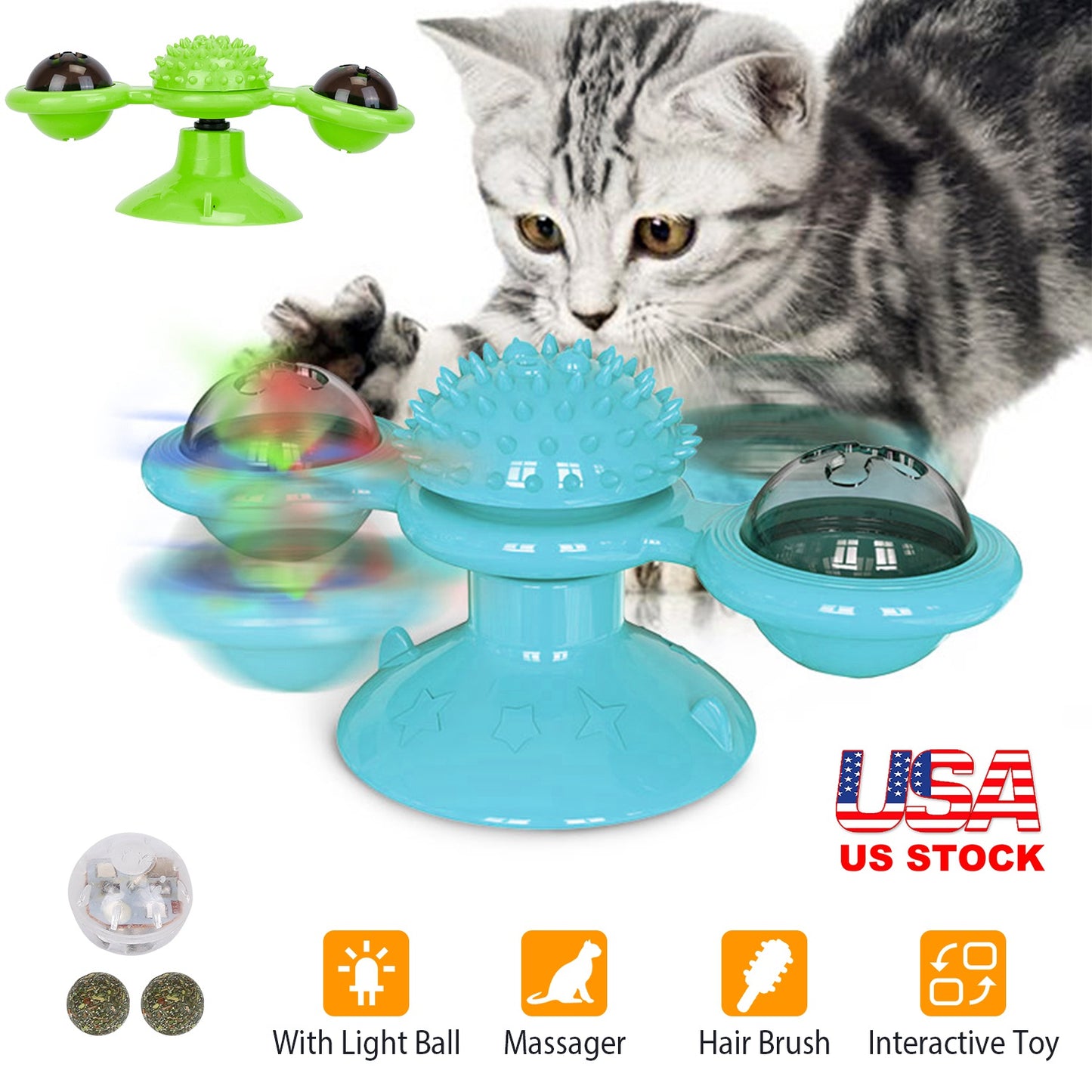 Windmill Cat Toy with Catnip Ball and LED Light