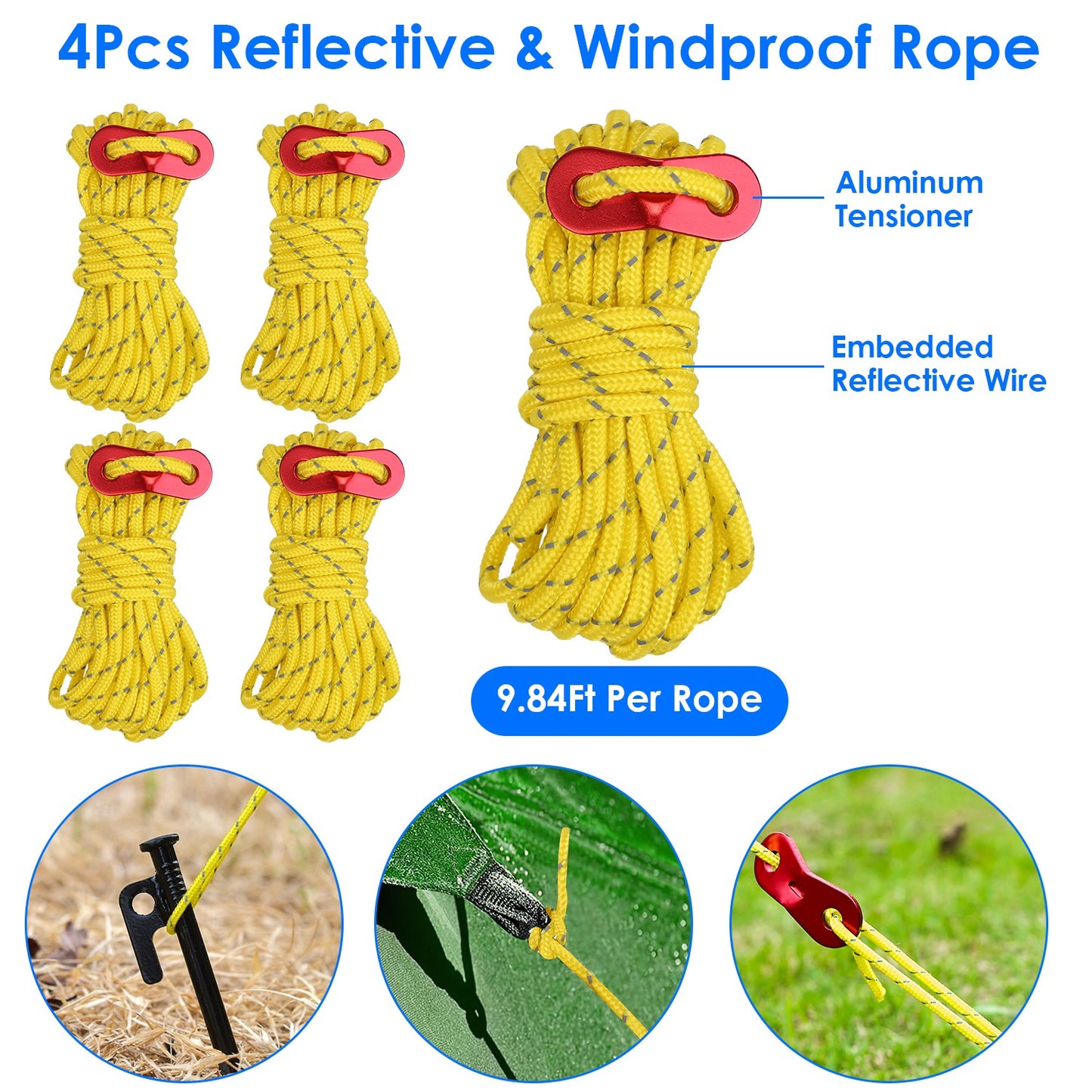 Tent Stakes Kit with Hammer and Reflective Ropes - 10 Stakes