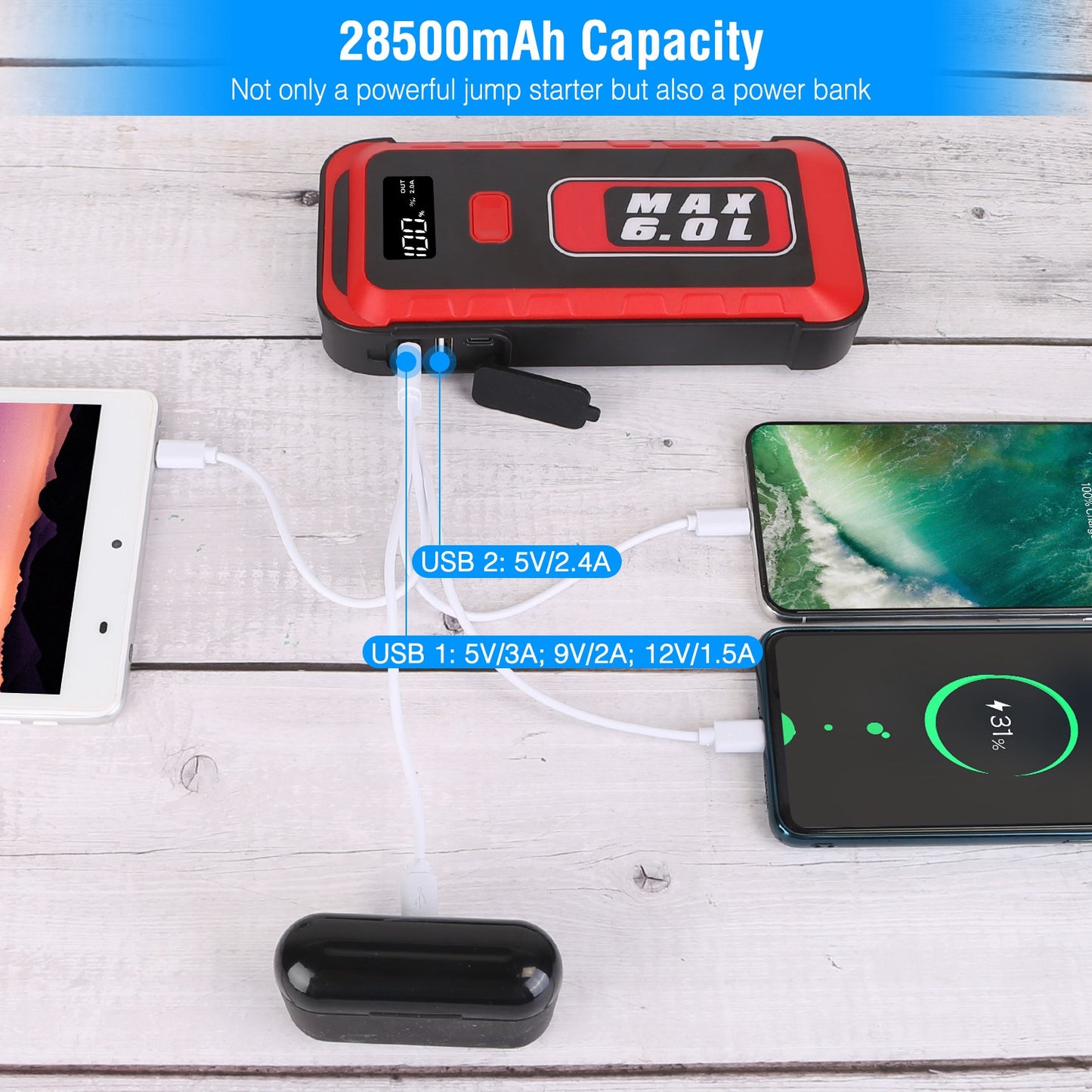 Car Jump Starter 2500A Peak 25800mAh Power Bank with LED Flashlight