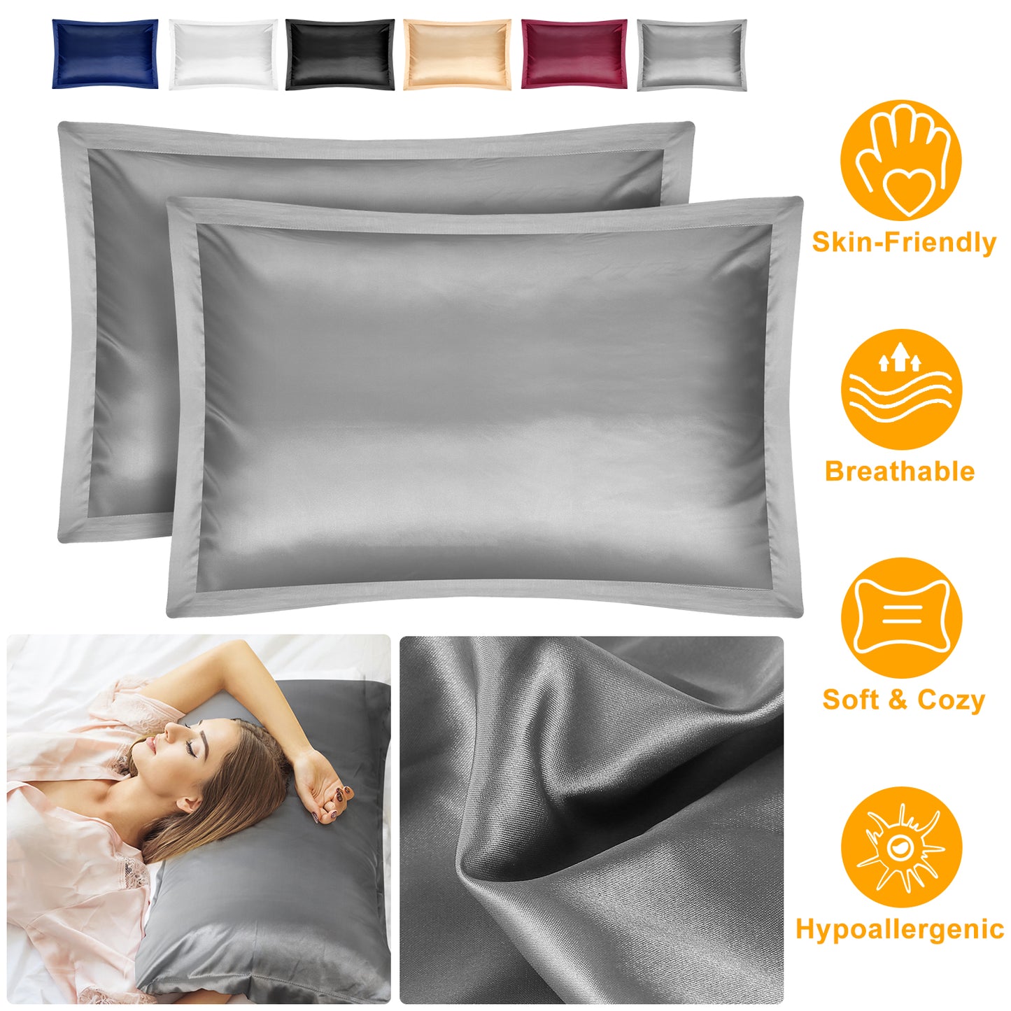 Satin Pillowcases Queen Size - 2 Pack Silky Smooth