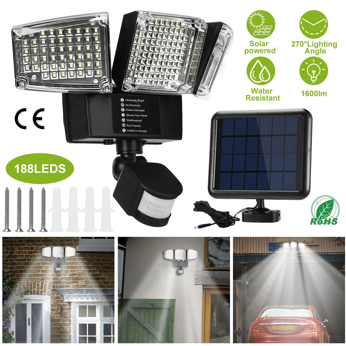 Solar Motion Sensor Light 188 LEDs 1600lm with 3 Rotatable Heads