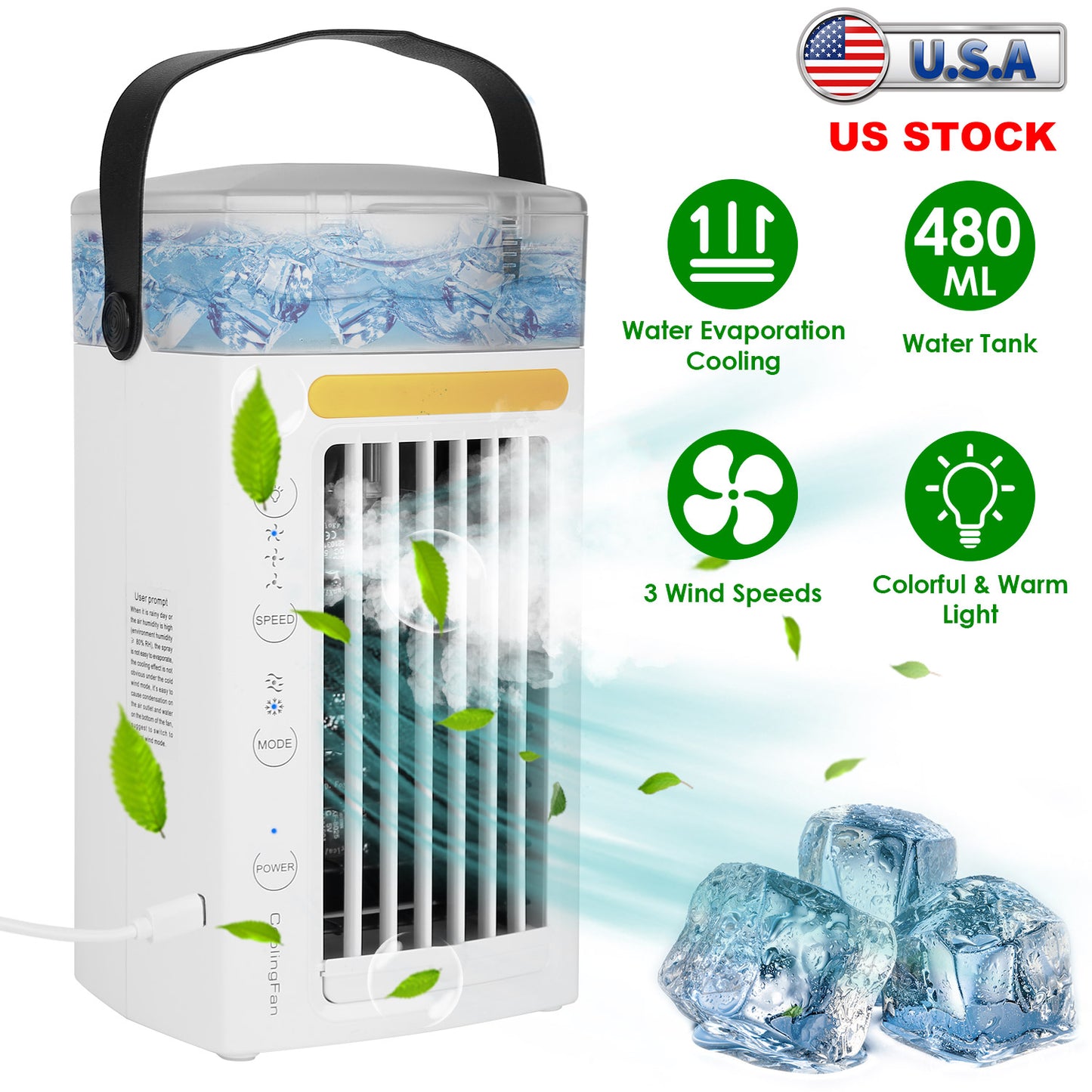 Portable Evaporative Air Cooler with Mist & 3 Speed Fan