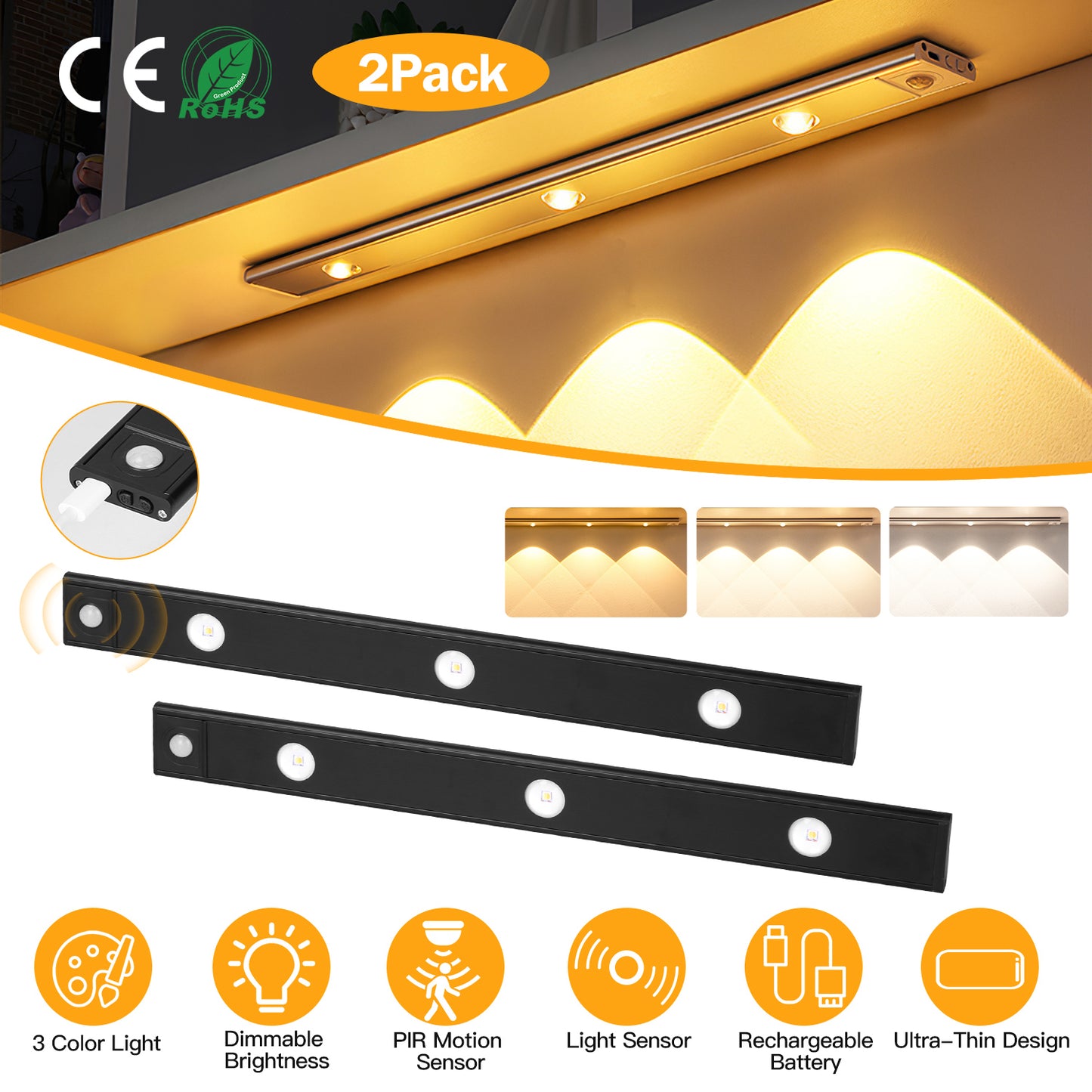 Rechargeable Motion Sensor Cabinet Light 2-Pack with 3 Colors