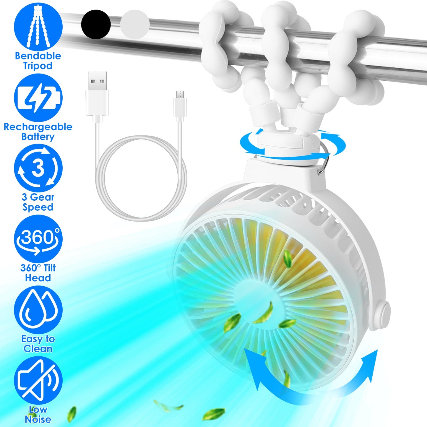 Portable Stroller Fan with Flexible Tripod & Rechargeable Battery