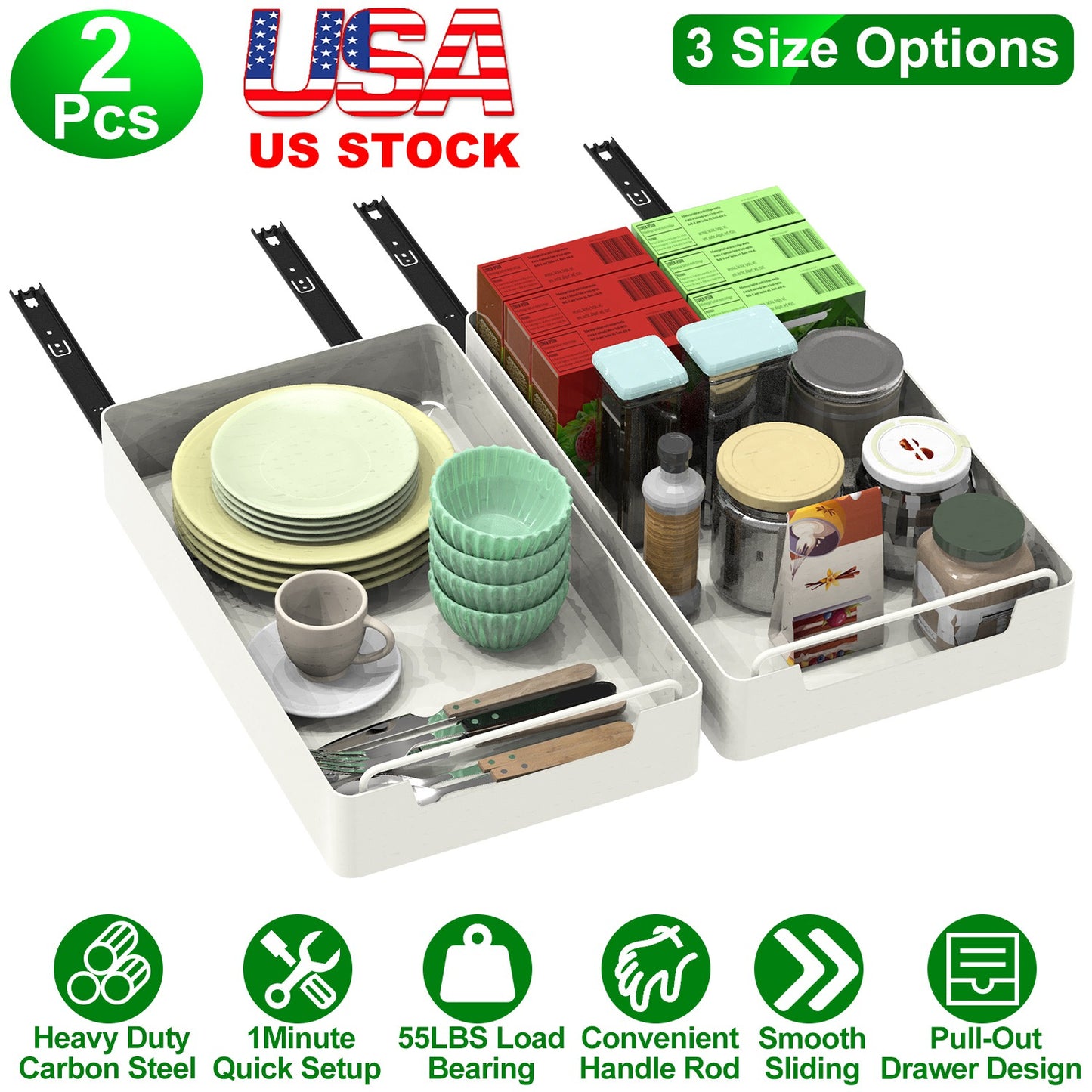 Pull Out Cabinet Organizers - 2 Pack Carbon Steel Sliding Drawers