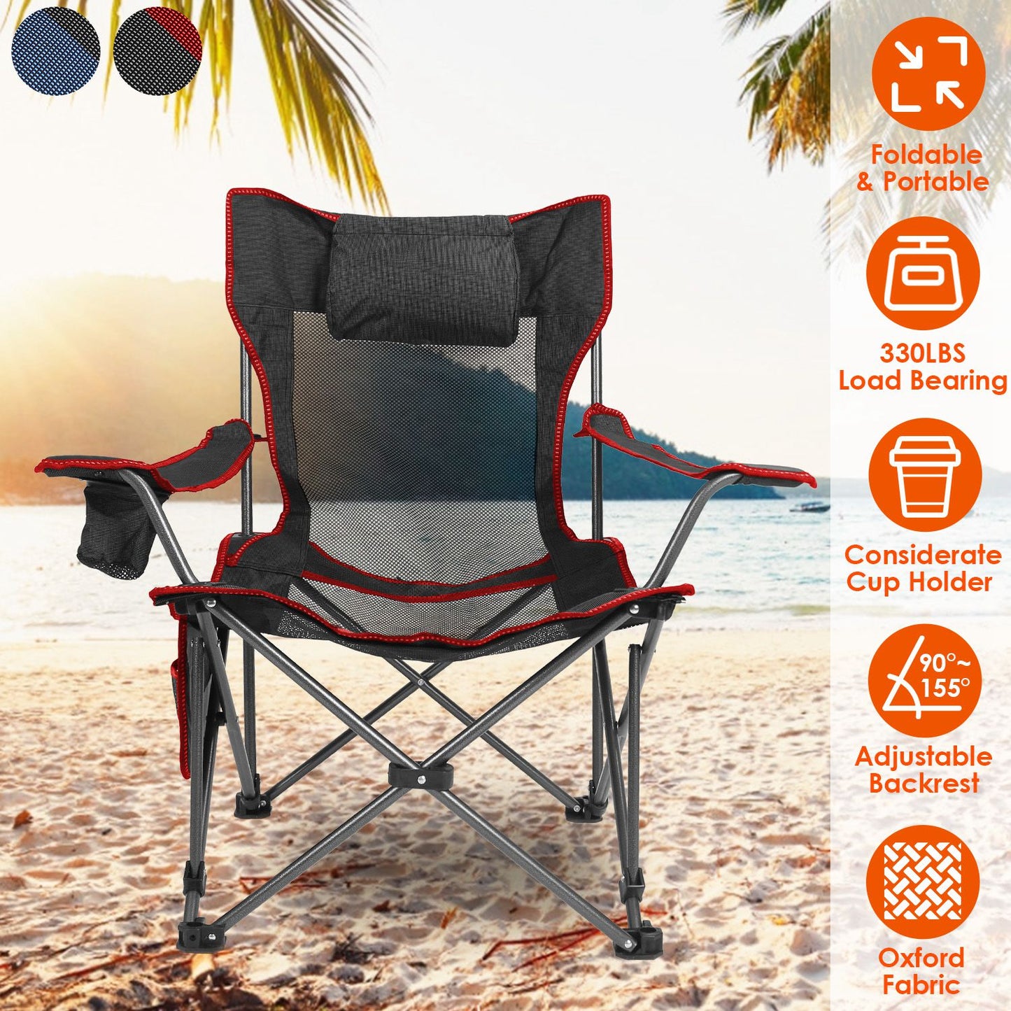 Foldable Camping Chair with Reclining Backrest - 330 LBS Capacity