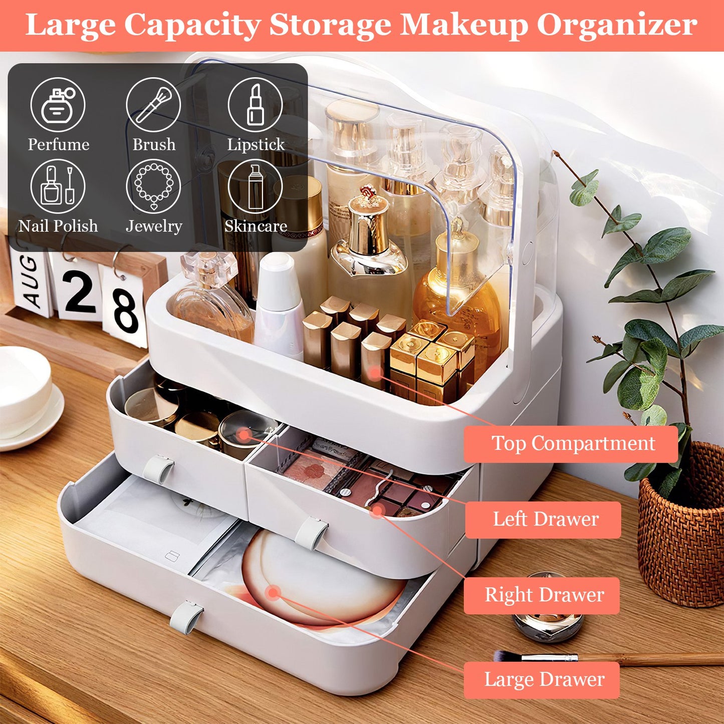 3-Tier Makeup Organizer with Dustproof Lid and Drawers