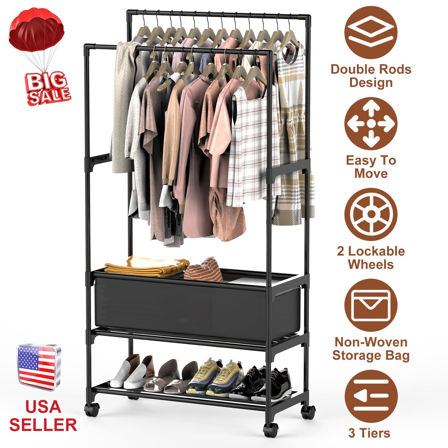 Double Rod Garment Rack with Storage Bag and Lockable Wheels