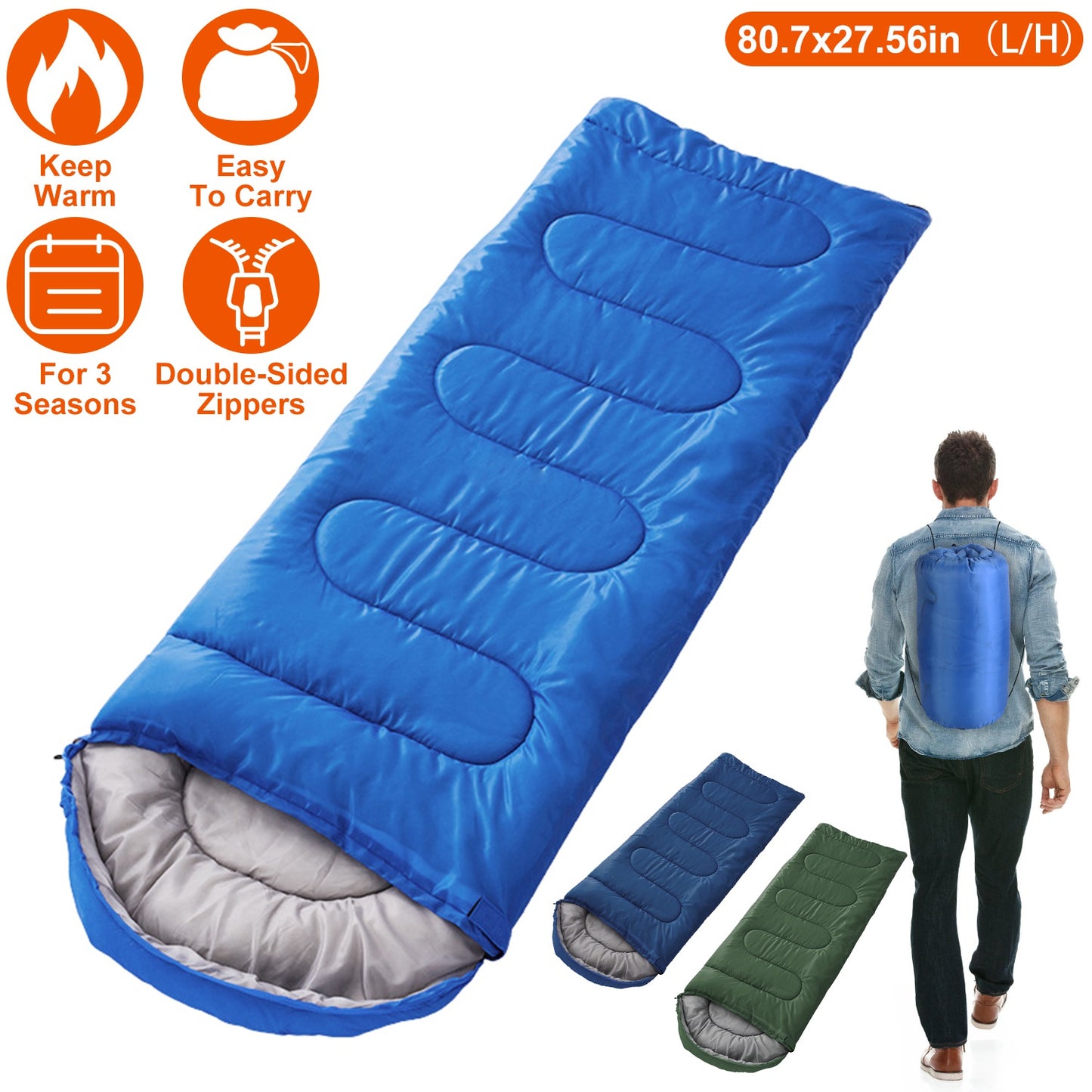 3-Season Sleeping Bag for Adults with Carry Bag 32-50°F
