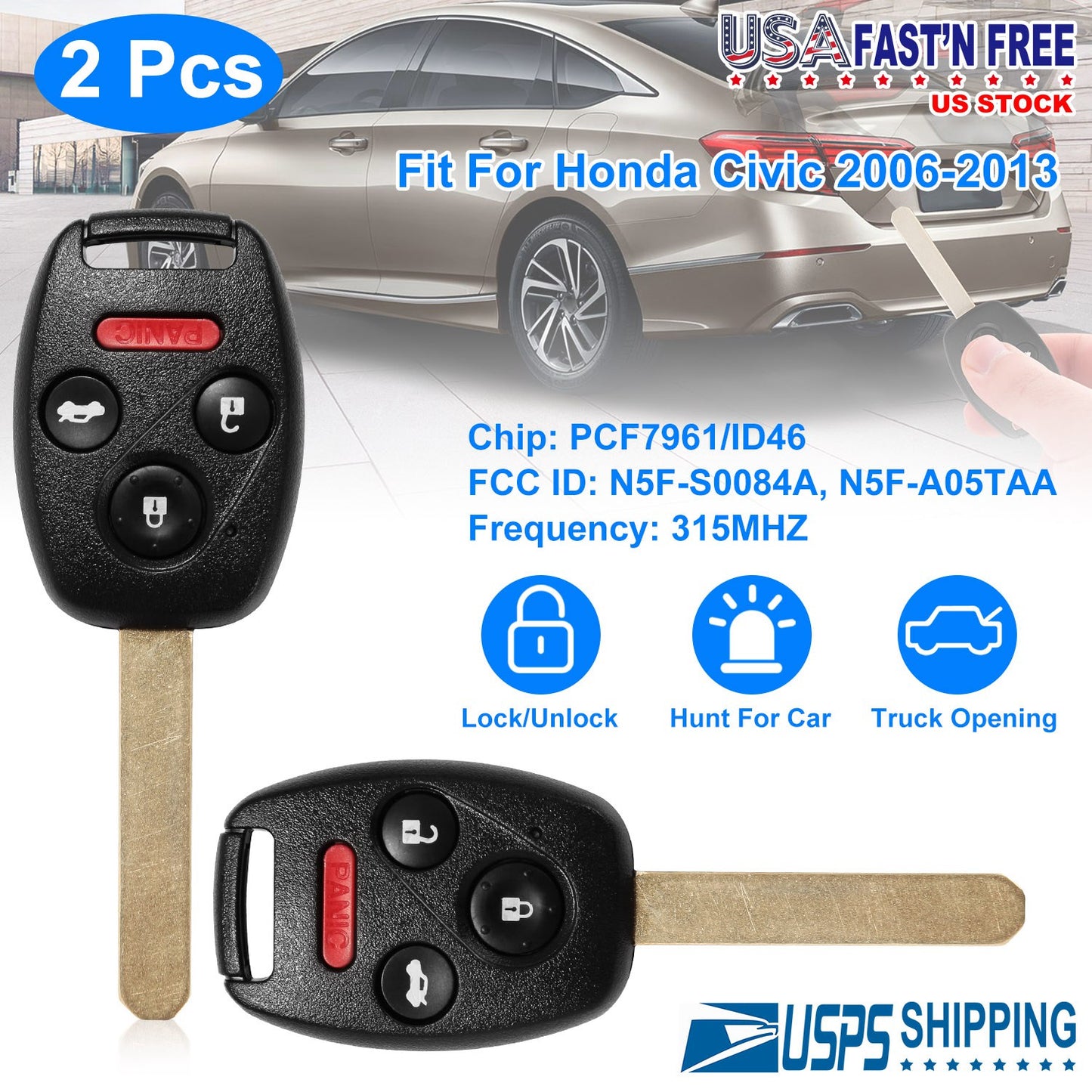 Remote Key Fob for Honda Civic 2006-2013 (2-Pack)