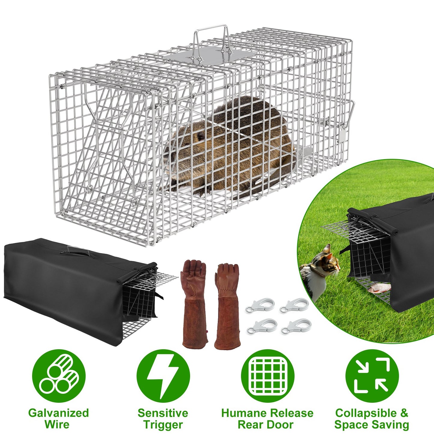 Humane Live Animal Trap Cage with Waterproof Cover - 30.5"