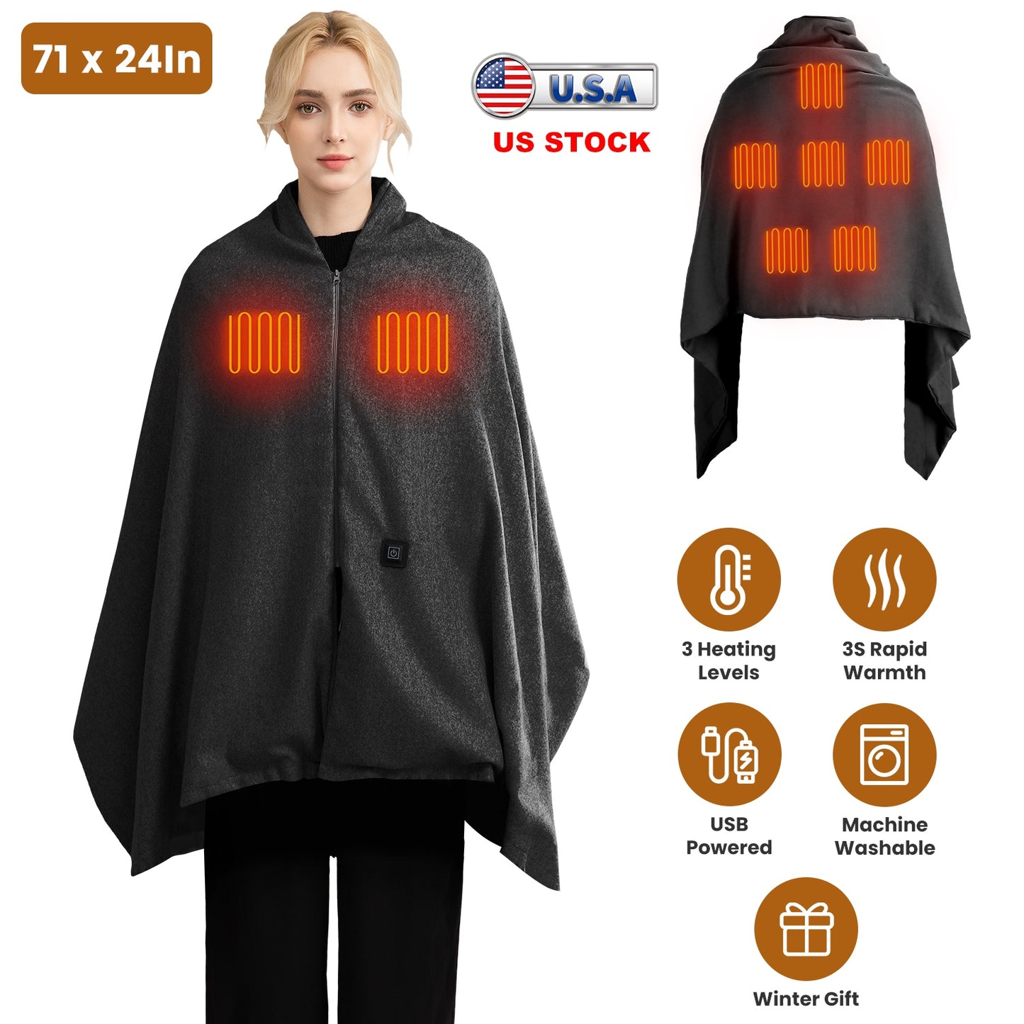 USB Heated Shawl with 3 Heat Levels and Zipper