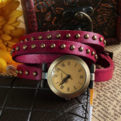 Fashionable Rivet Leather Belt Retro Watch Hand Chain-pink