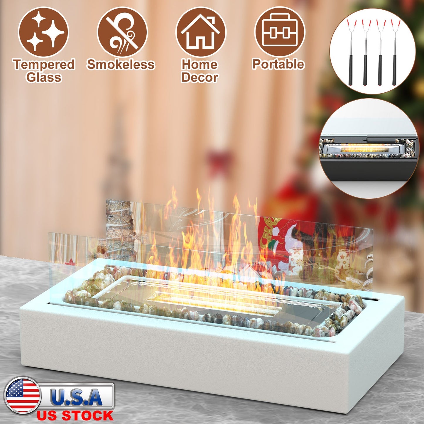 Tabletop Fire Pit with Roasting Sticks - Portable Ethanol