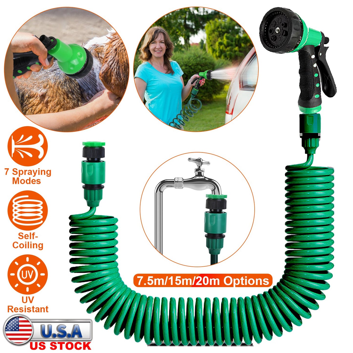 Self-Coiling Garden Hose with 7-Mode Sprayer - 49.2ft