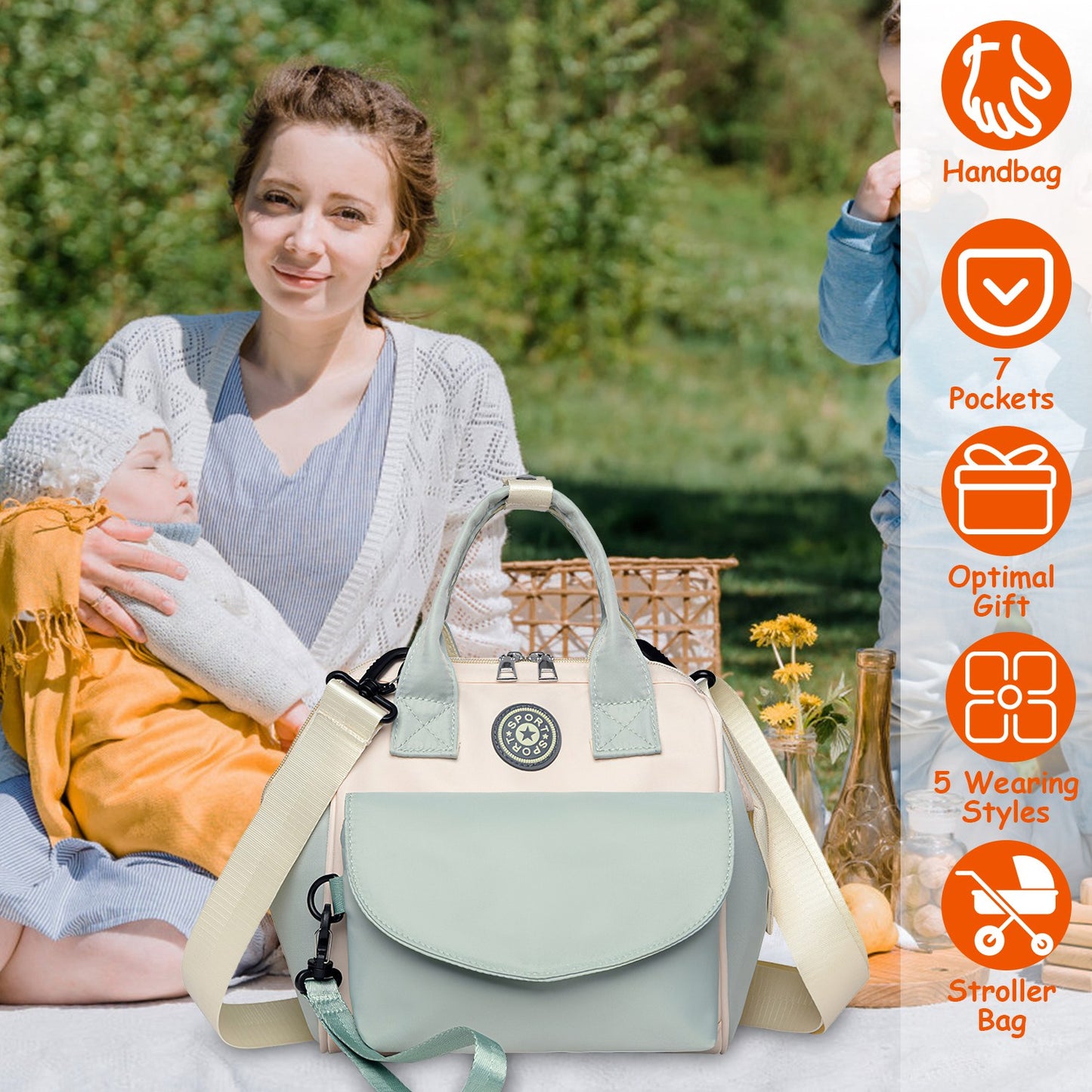 Diaper Bag with 6 Pockets and Detachable Small Bag