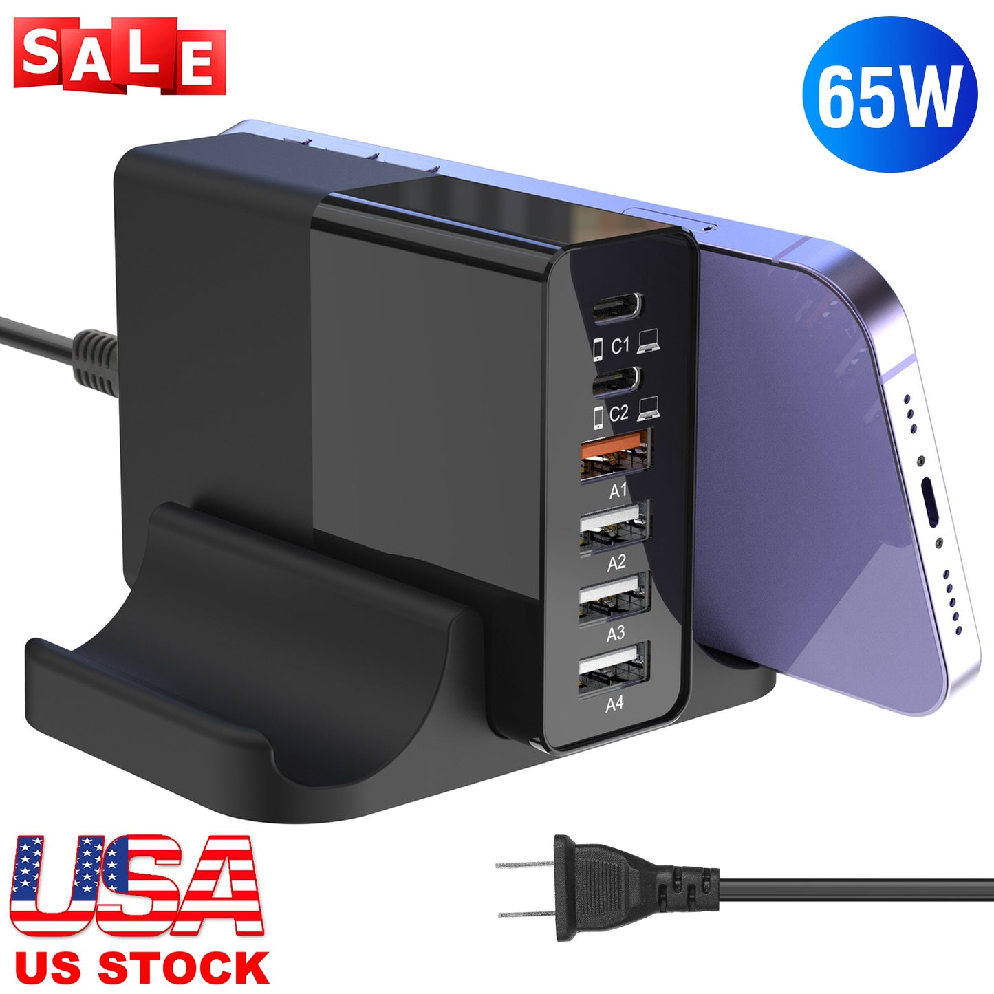 45W 4-Port USB Fast Charger with Type-C and USB-A Ports