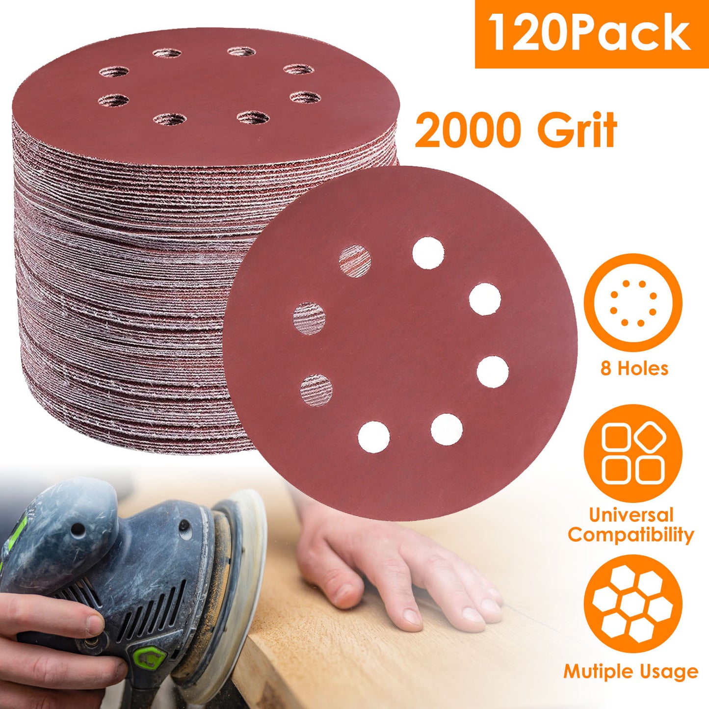 5 Inch Sanding Discs 2000 Grit - 120 Pack with 8 Holes
