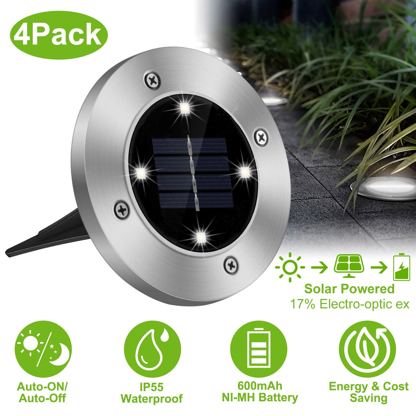 Solar Ground Lights 4-Pack Waterproof LED Pathway Lights