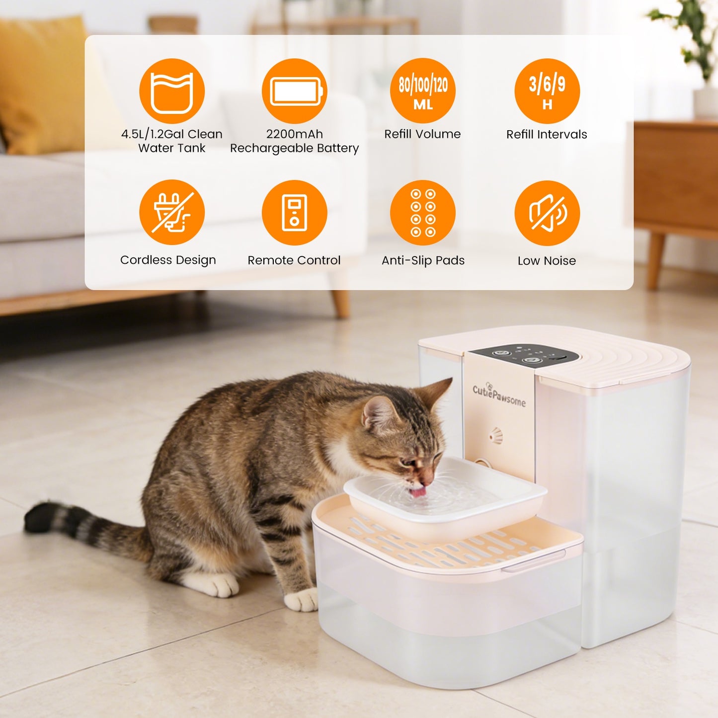 Automatic Pet Water Fountain 4.5L Cordless Rechargeable Dispenser