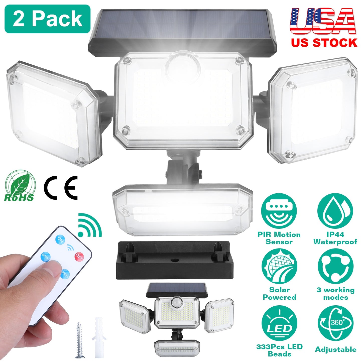 Solar Motion Sensor Wall Light 2-Pack with 333 LED Beads