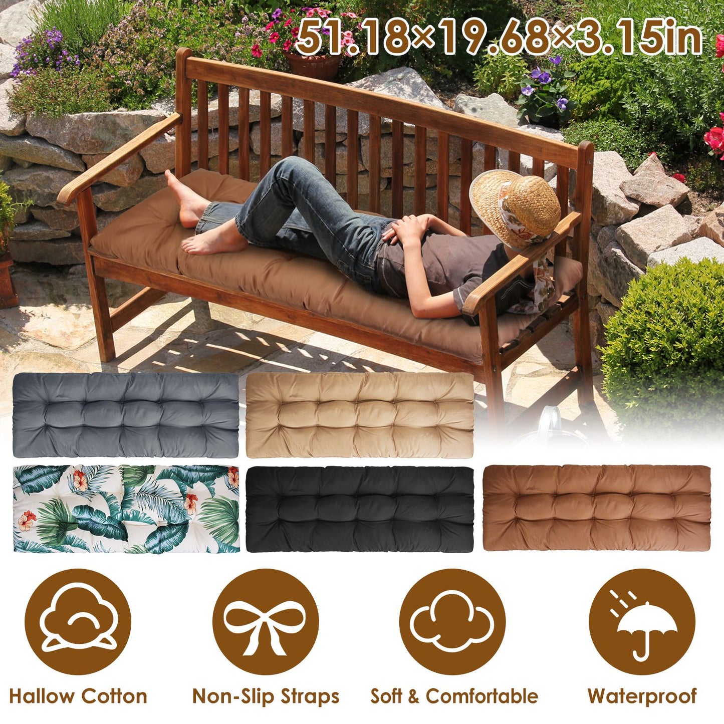 Bench Seat Cushion 51x20in Waterproof with Ties for Outdoor