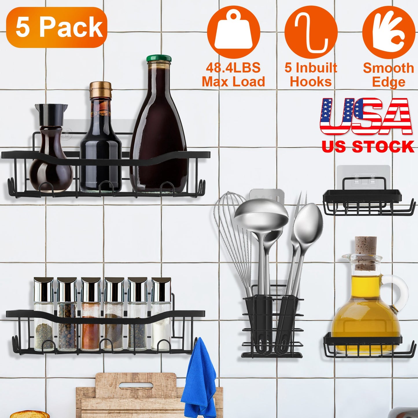 Shower Caddy 5-Piece Set with 18 Hooks - Adhesive Wall Mount