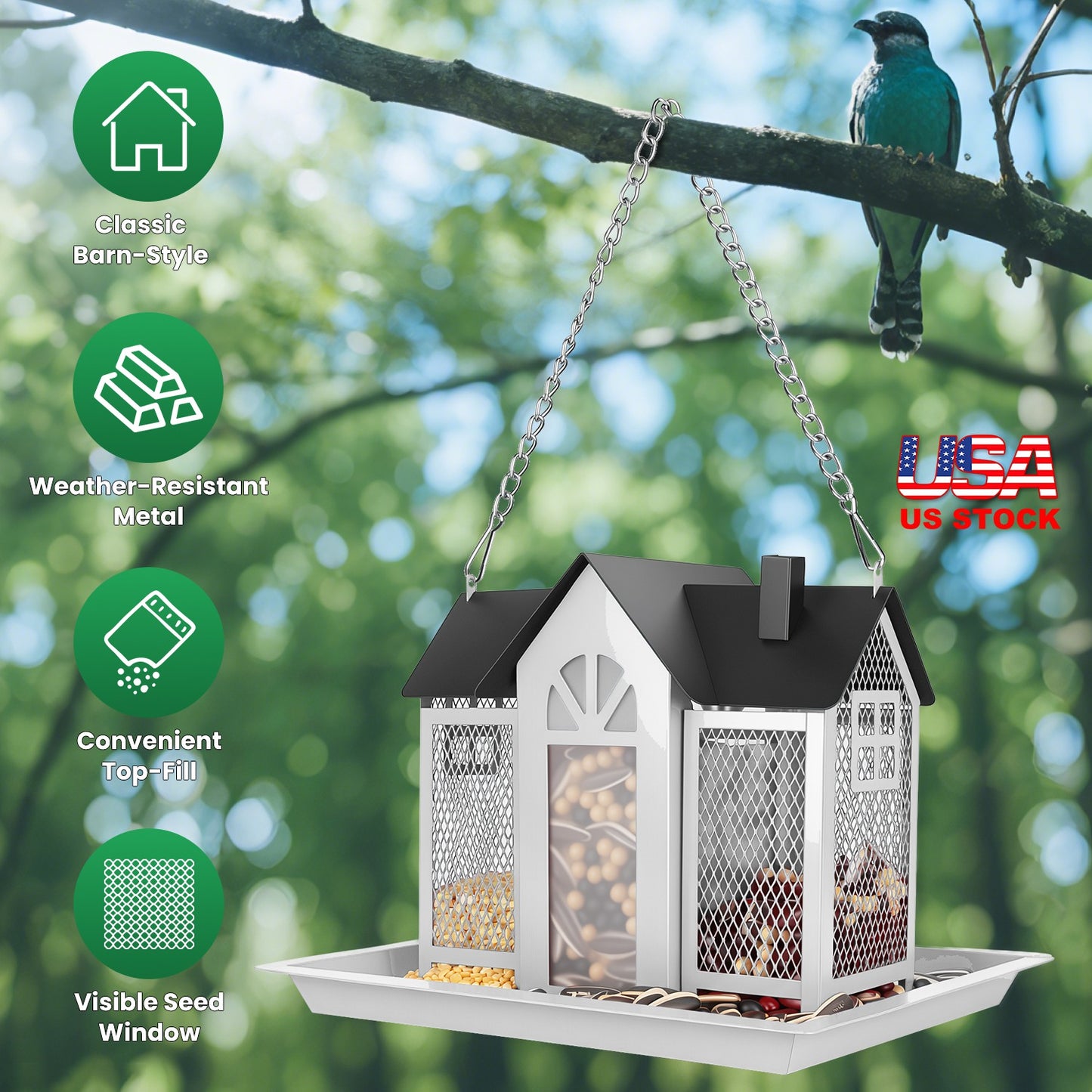 Barn Bird Feeder with Transparent Window & Lift Top Lid