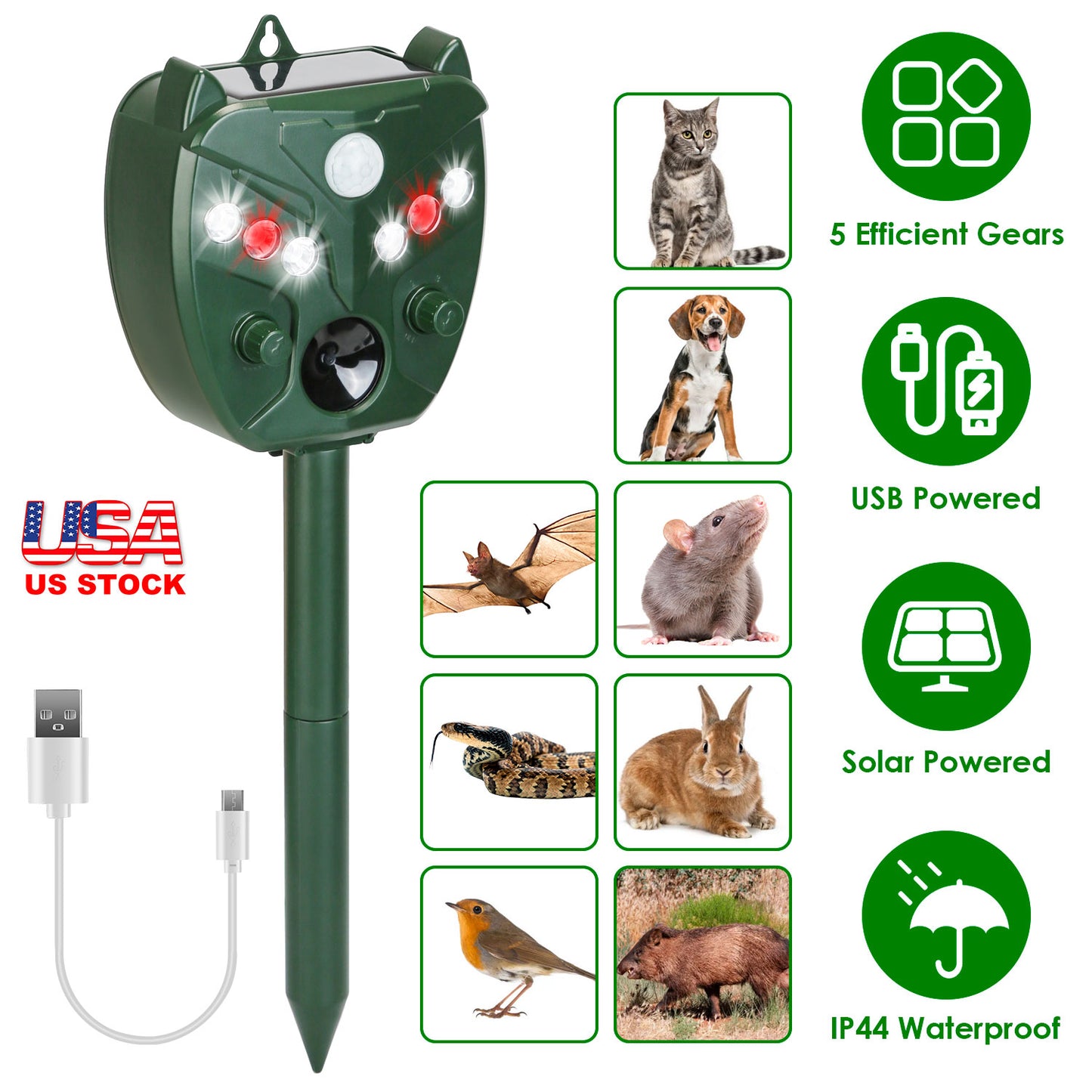 Solar Ultrasonic Animal Repeller with 5 Adjustable Modes