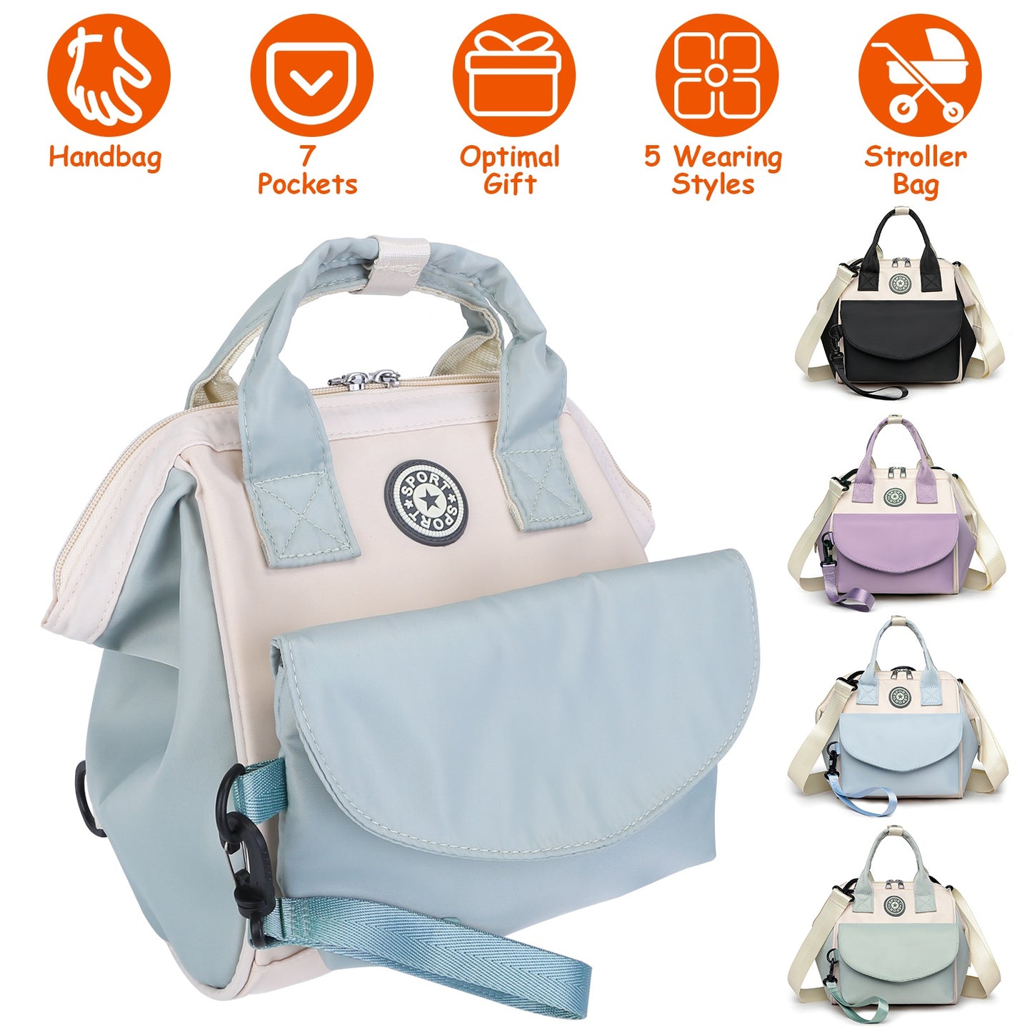 Diaper Bag with 6 Pockets and Detachable Small Bag