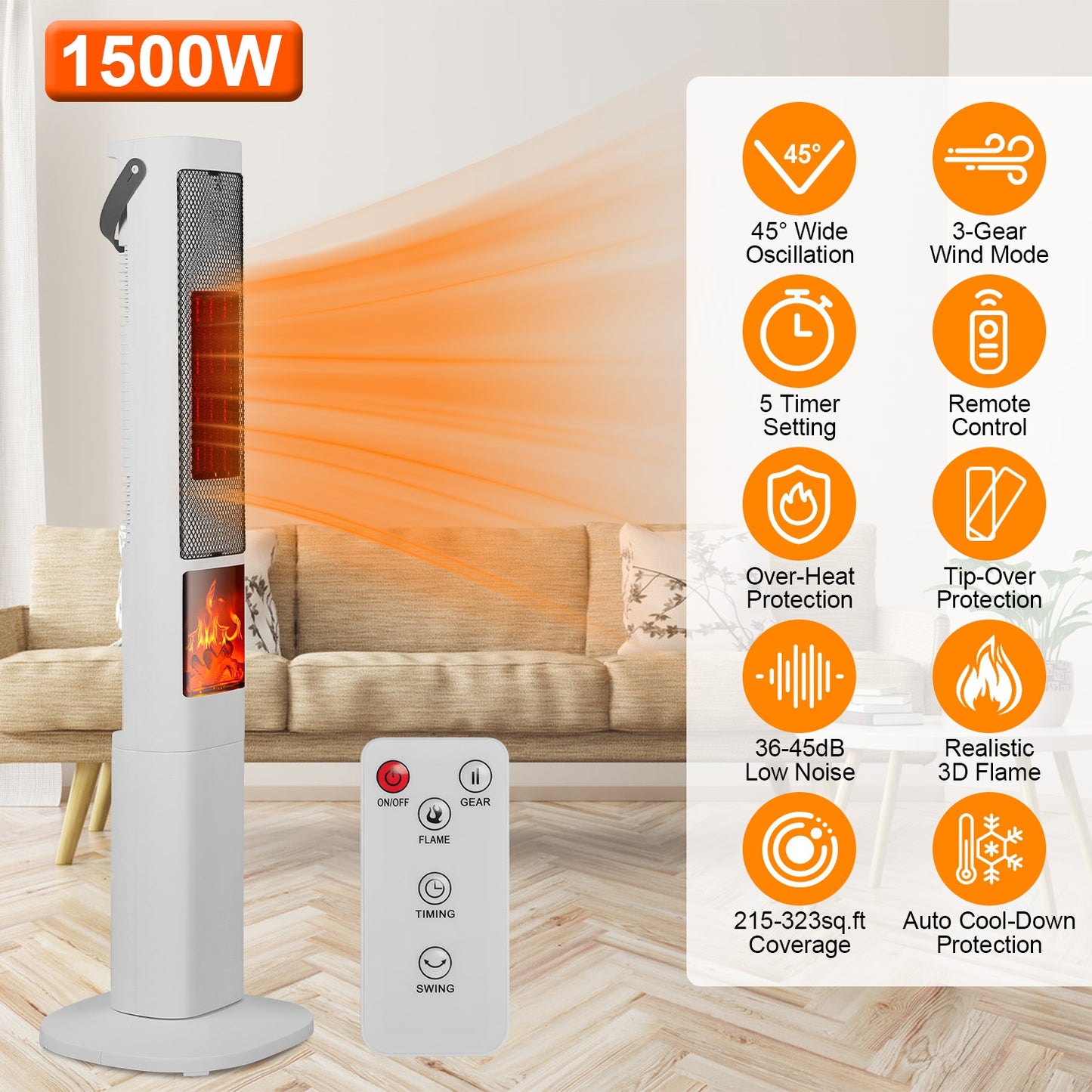 Oscillating Ceramic Tower Space Heater with 3D Flame Effect
