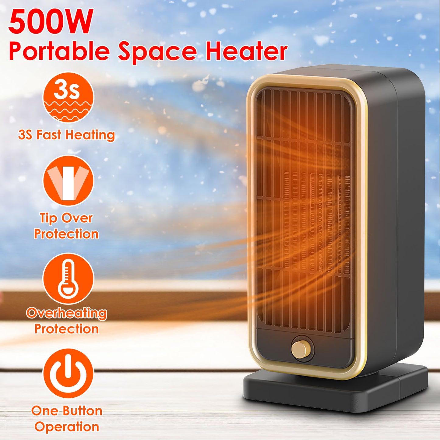 500W Portable Ceramic Space Heater with Tip-Over Protection
