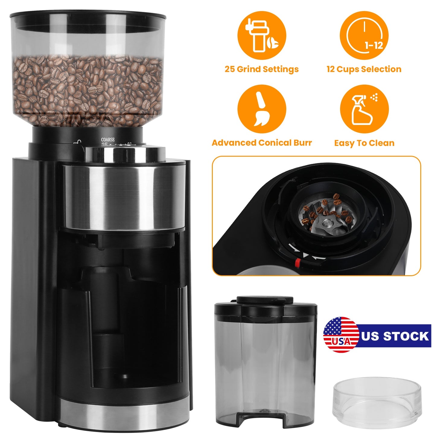Electric Burr Coffee Grinder with 25 Grind Settings