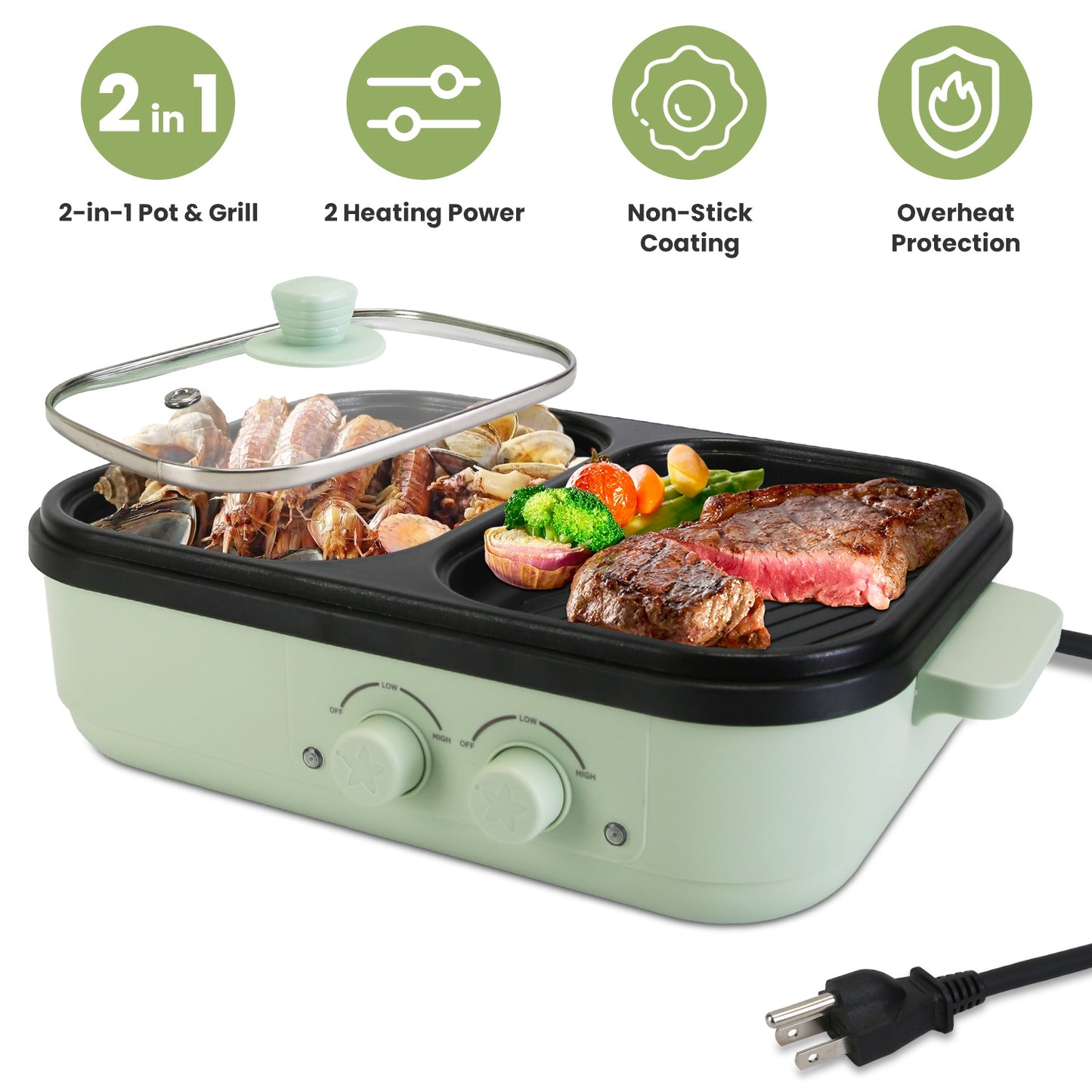 Electric Hot Pot with Grill 2-in-1 Combo for 1-2 People