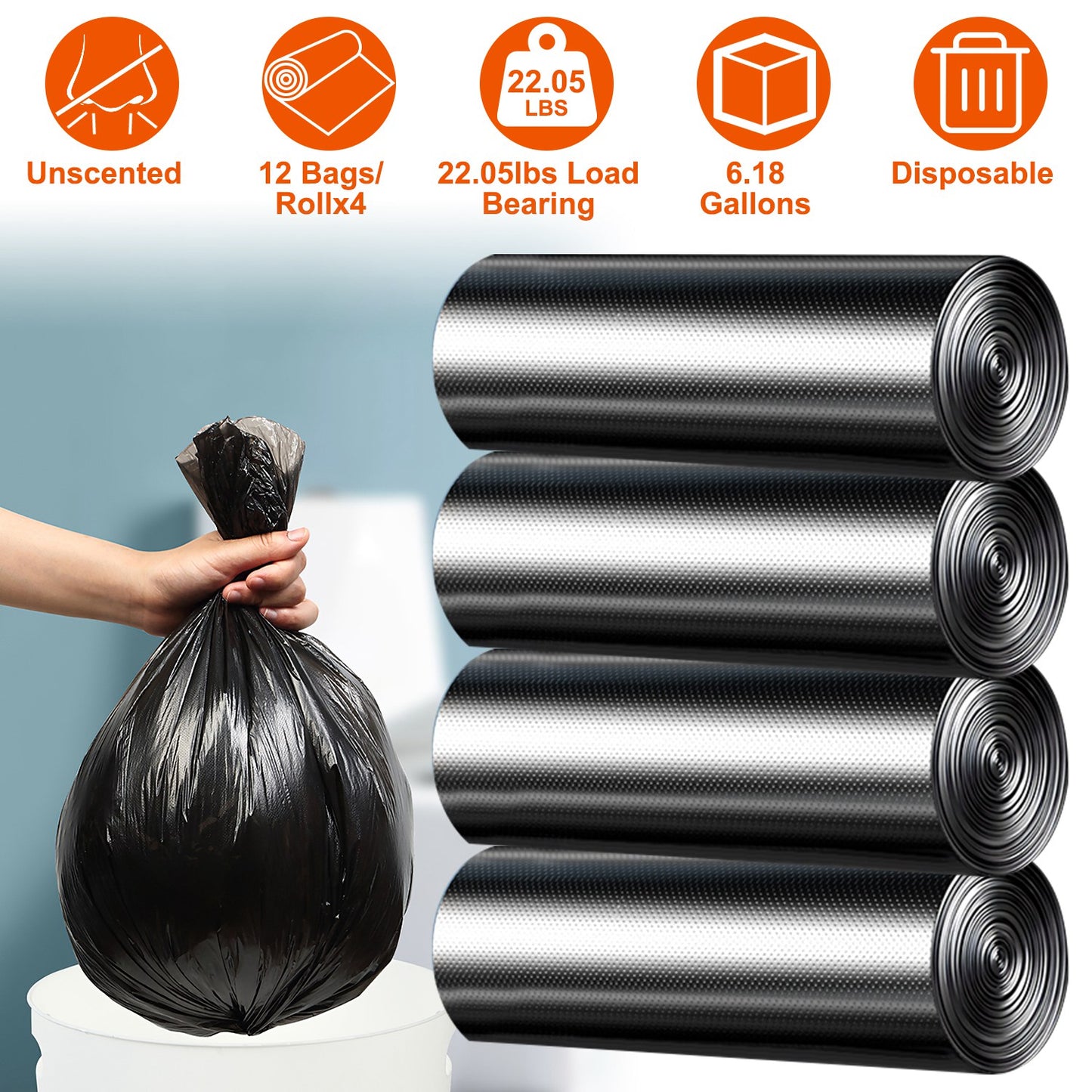 6.18 Gallon Trash Bags - 48 Count Black Unscented Liners