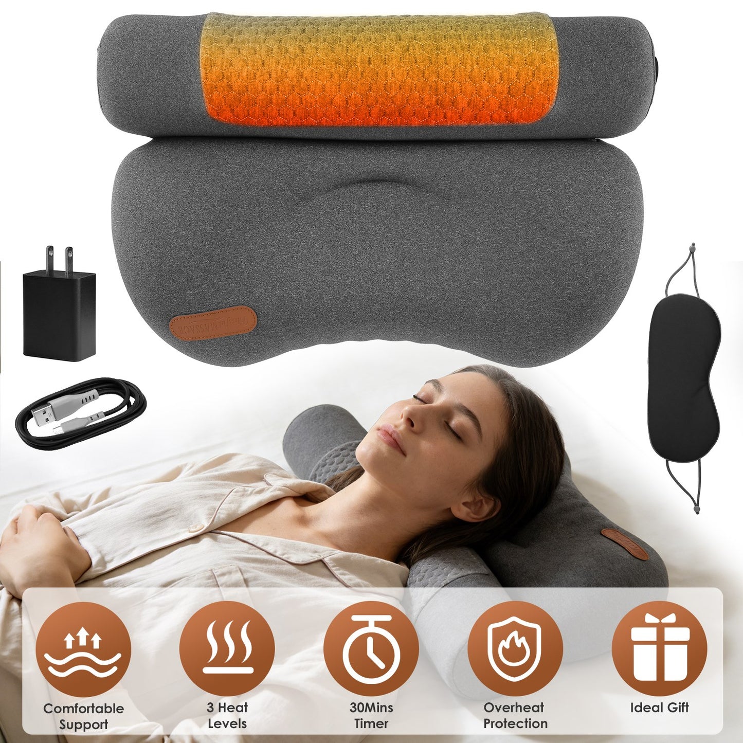 Heated Memory Foam Neck Pillow with 3-Level Heat Therapy