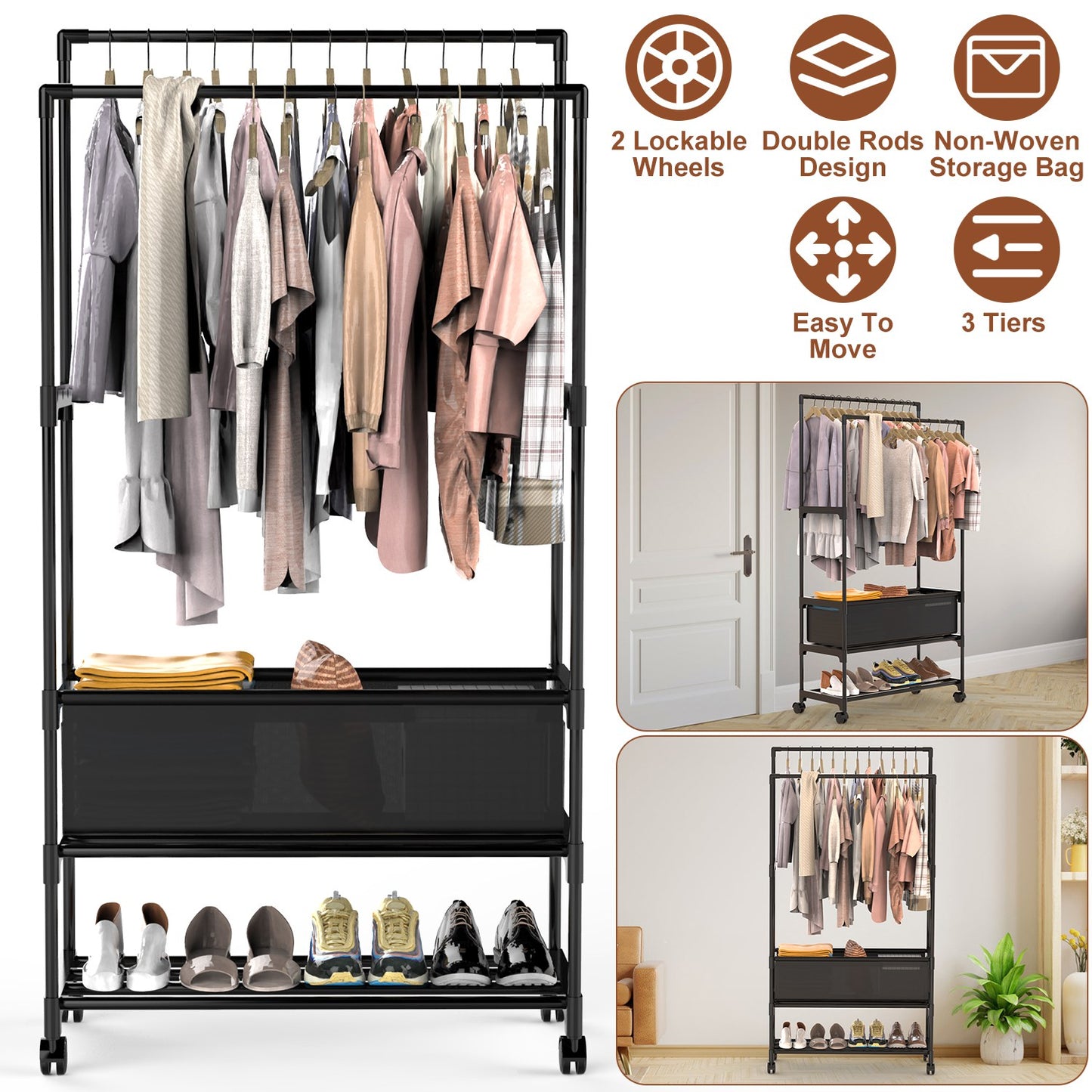 Double Rod Garment Rack with Storage Bag and Lockable Wheels