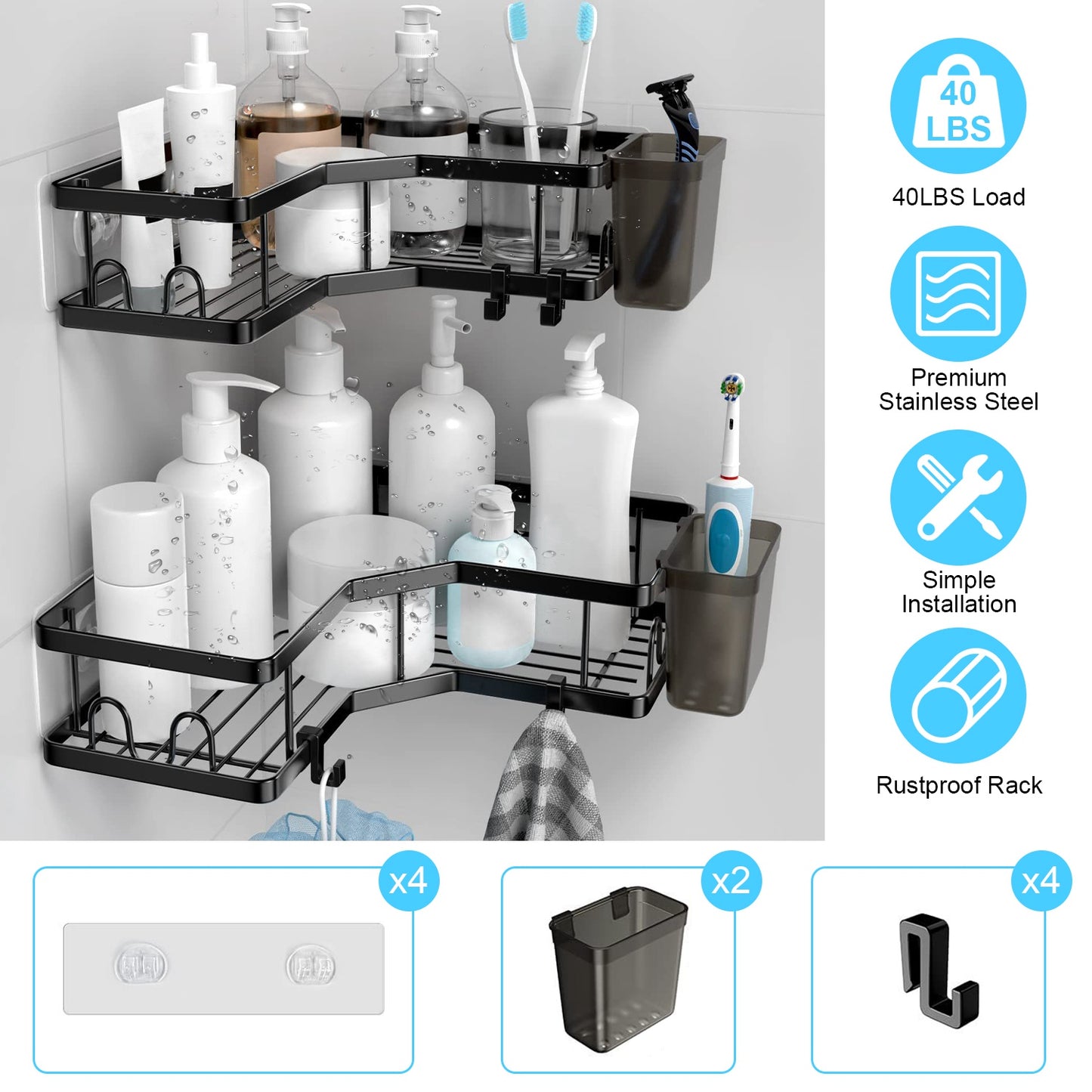 Corner Shower Caddy 2-Pack with Soap Holders & Hooks