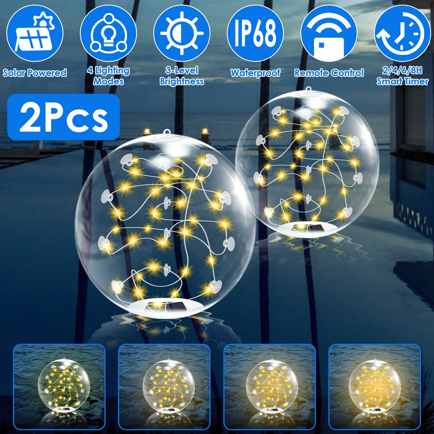 Solar Floating Pool Lights 14in with Remote Control (2-Pack)