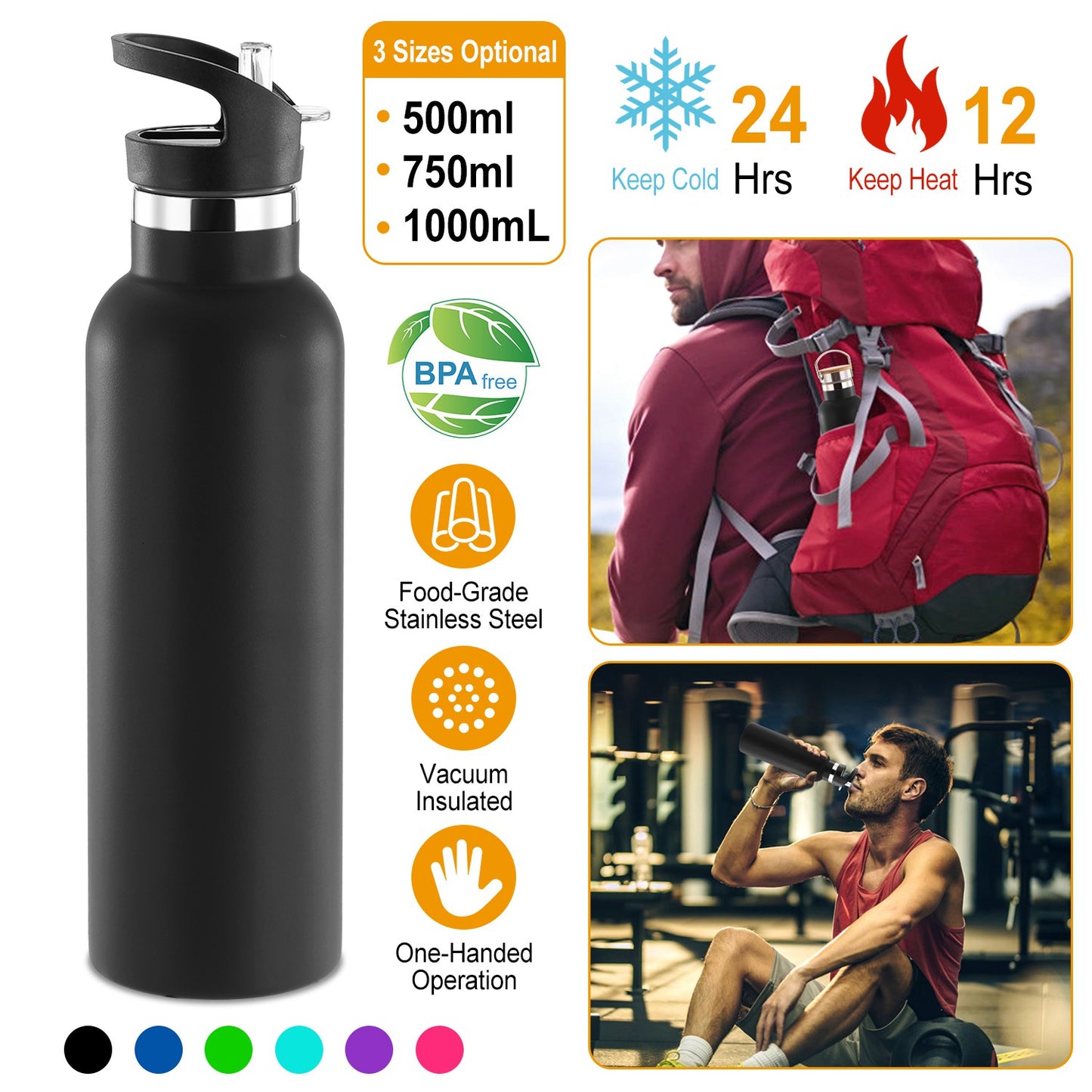 Insulated Stainless Steel Water Bottle with Dual Lids & Straws
