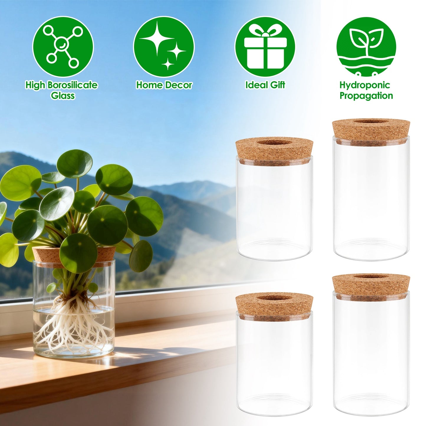Glass Propagation Stations 4-Pack with Wood Cork Lids