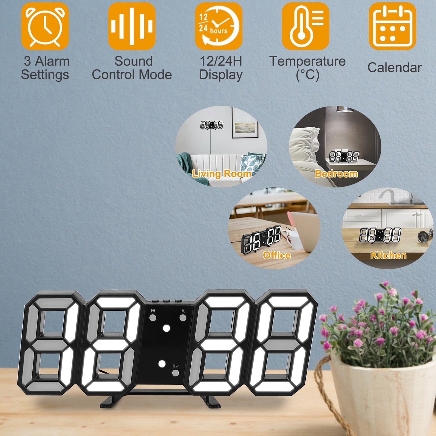 3D LED Digital Wall Clock with Sound Control and Temperature