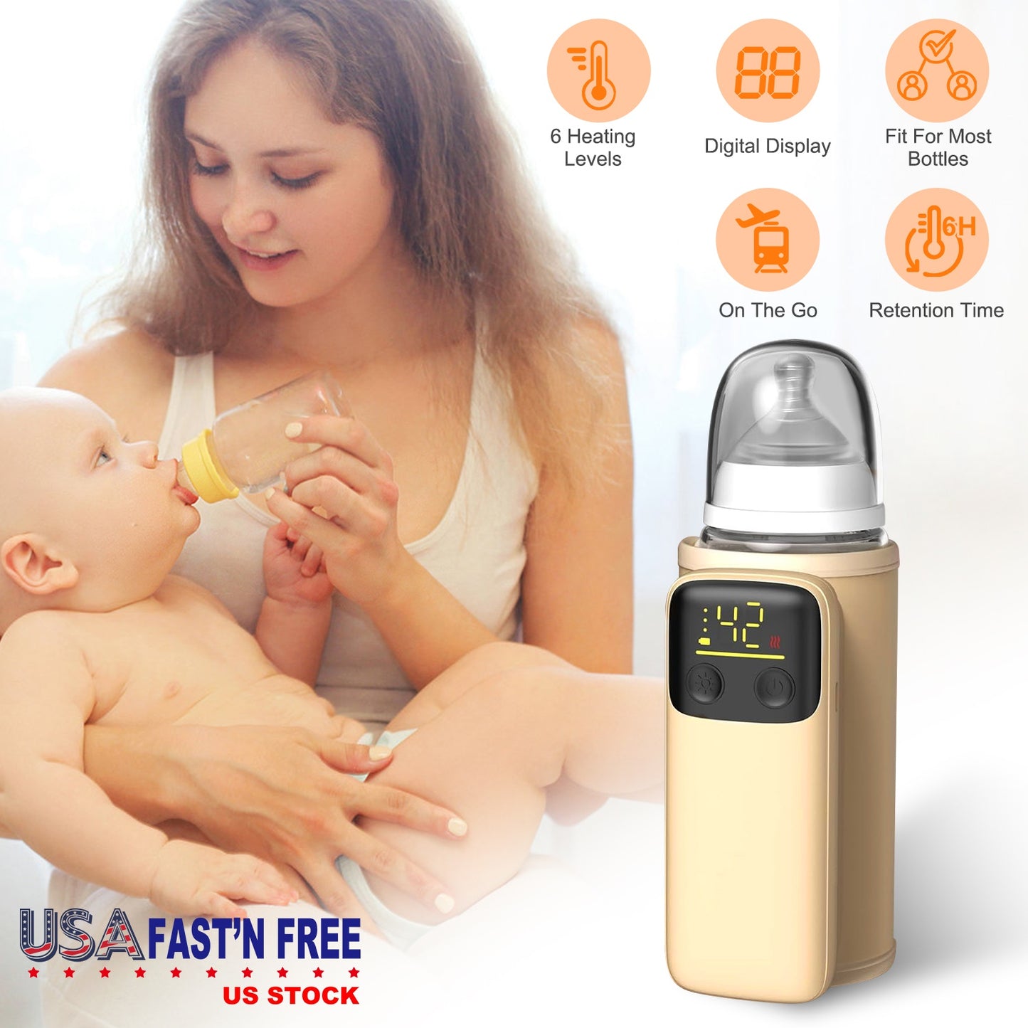 Portable Baby Bottle Warmer with Night Light & 6 Heat Levels