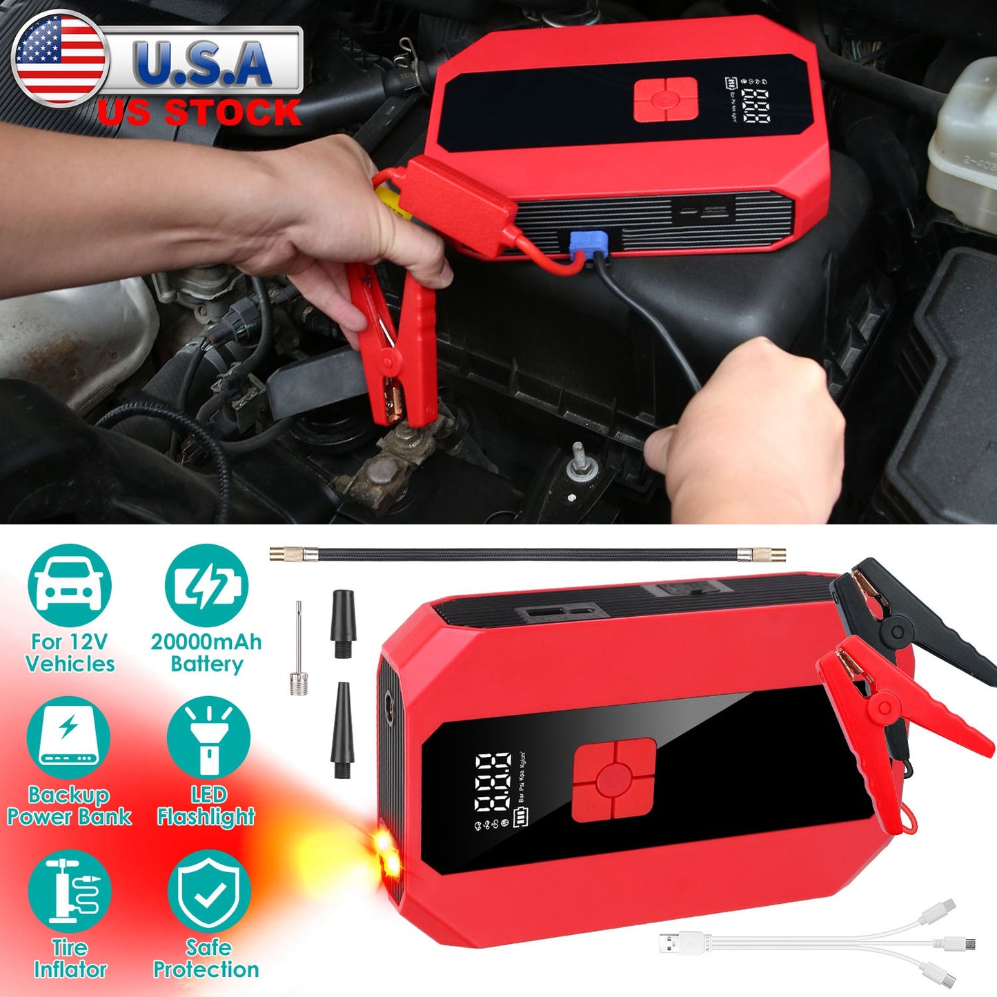 Car Jump Starter 1500A with Air Compressor & Power Bank
