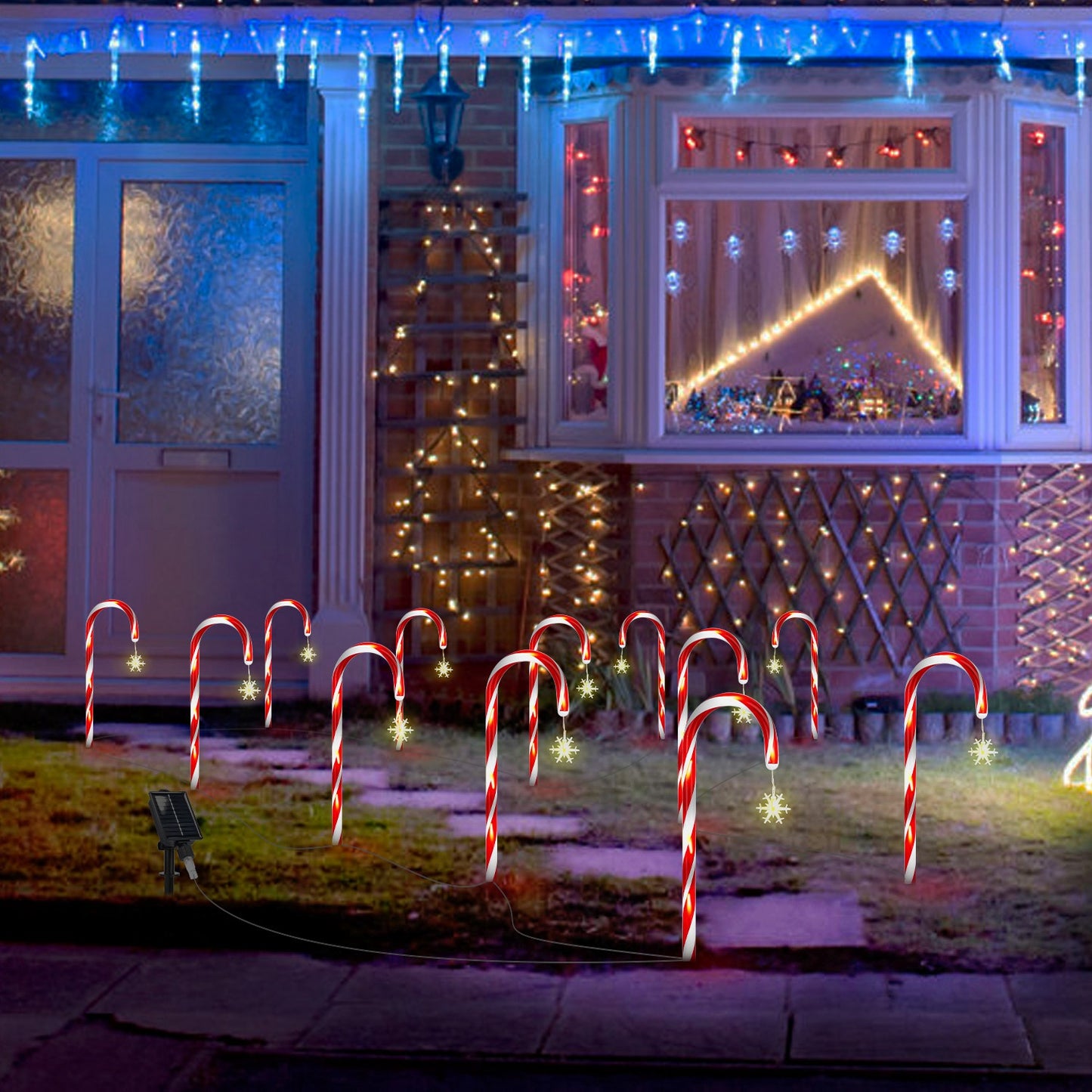 Solar Candy Cane Christmas Lights - 12 Canes, 72 LEDs, 8 Modes
