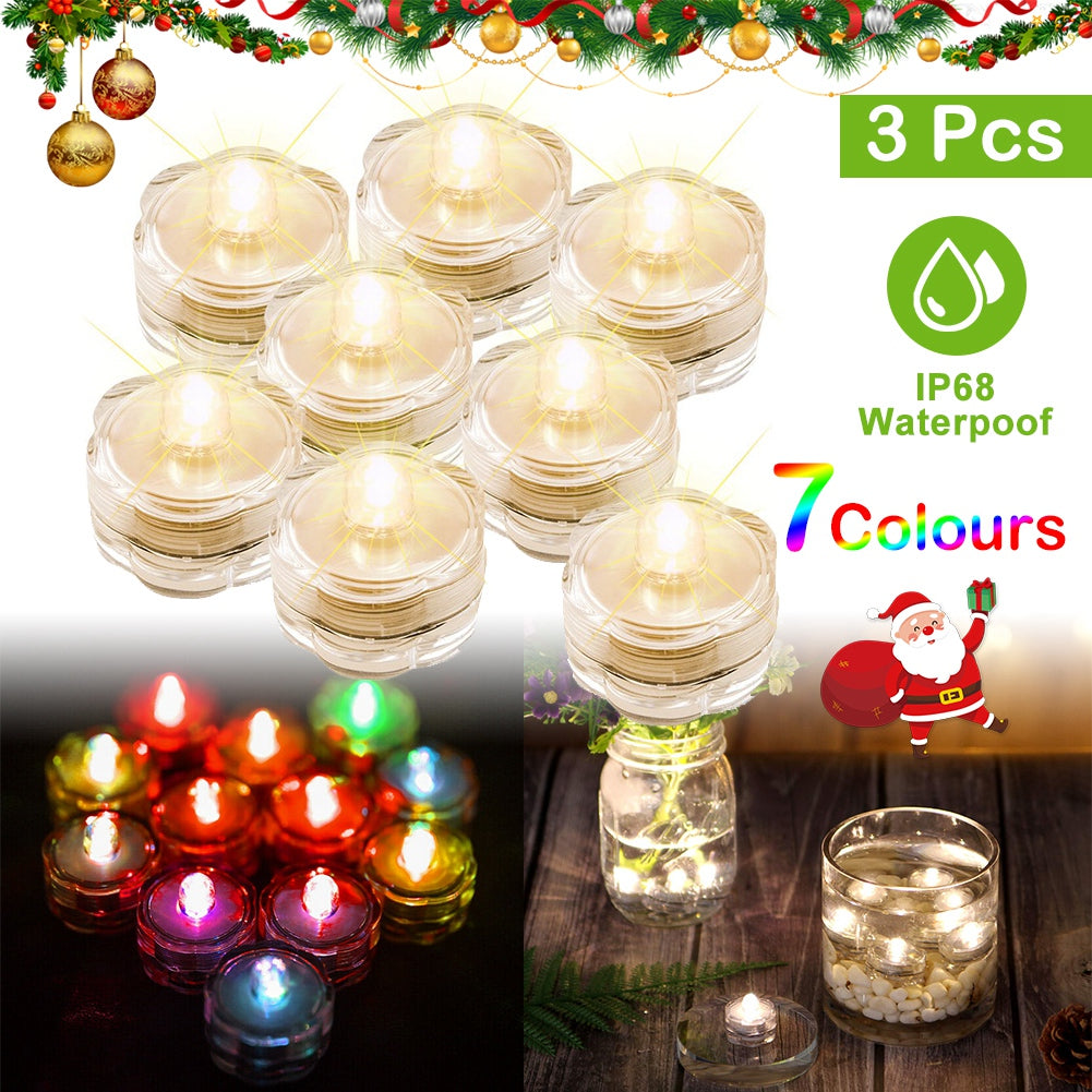 Submersible LED Tea Lights - Waterproof Battery Operated (3-Pack)
