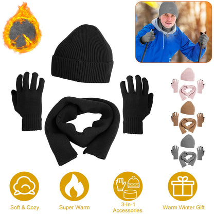 Winter Knitted Hat Scarf Gloves 3Pcs Winter Warm Beanie and Touch Screen Gloves Long Neck Scarf Set Knit Beanie Skull Cap Neck Warmer Anti-Slip Mitten