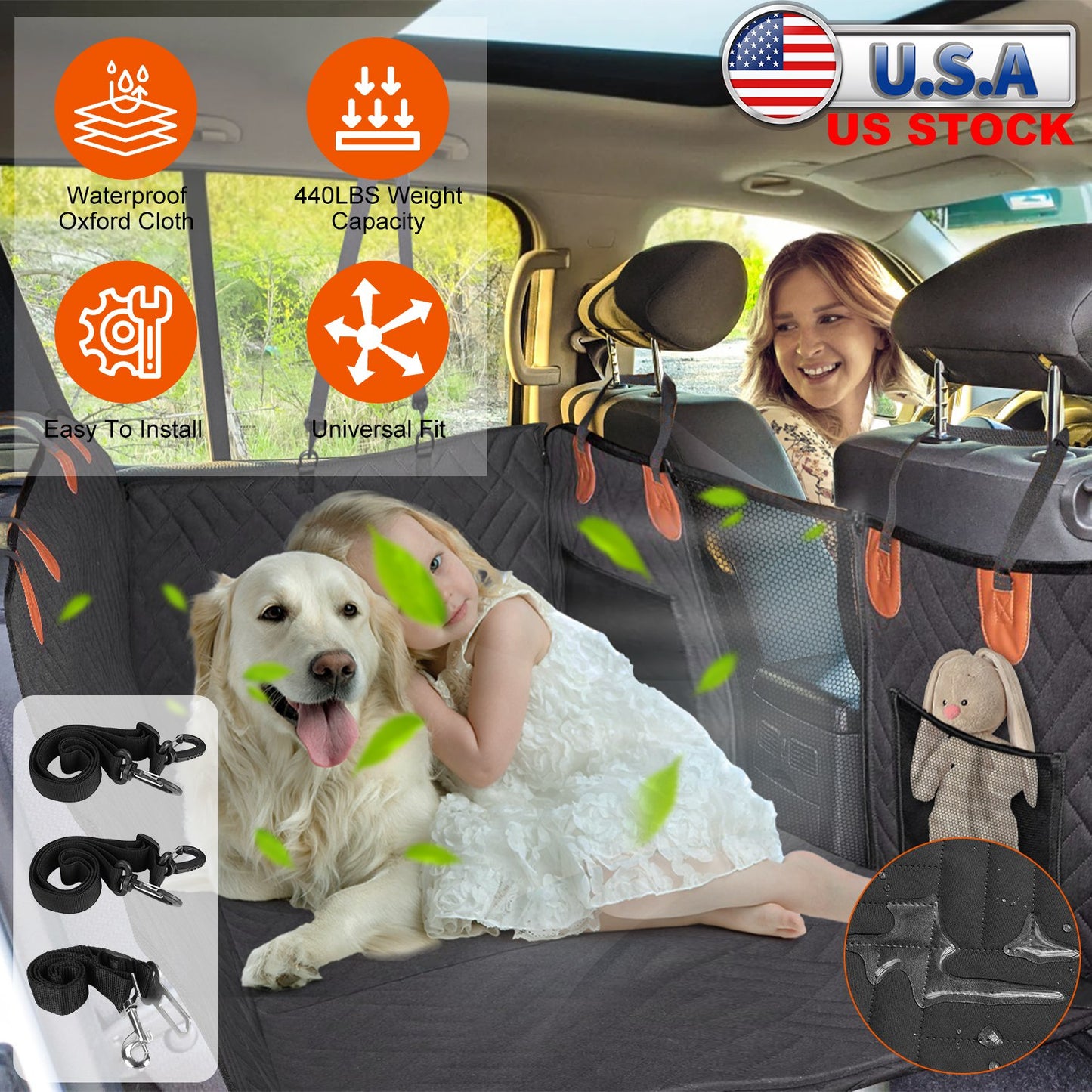 Waterproof Dog Car Seat Cover for Back Seat - Hammock Style