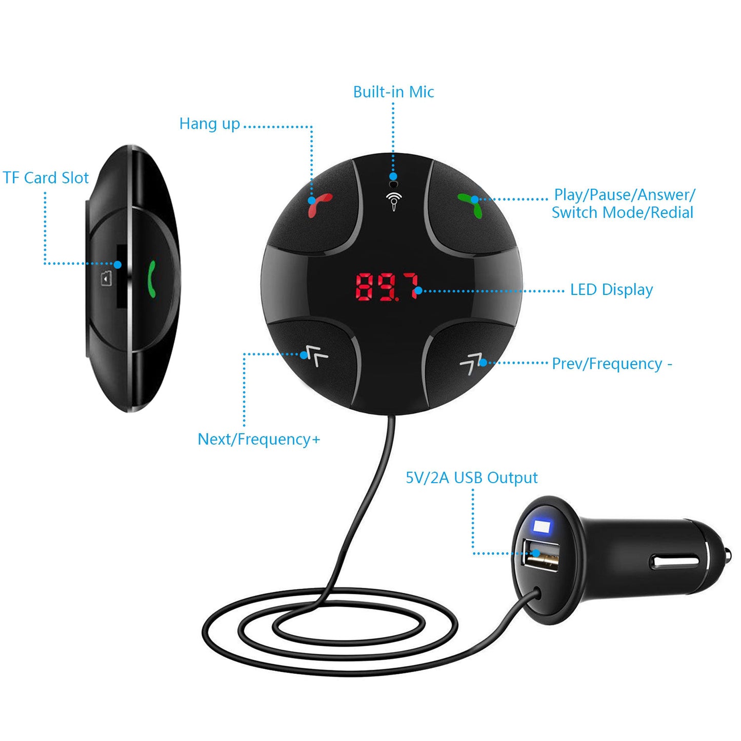 Wireless FM Transmitter with Hands-Free Calling & USB Charging