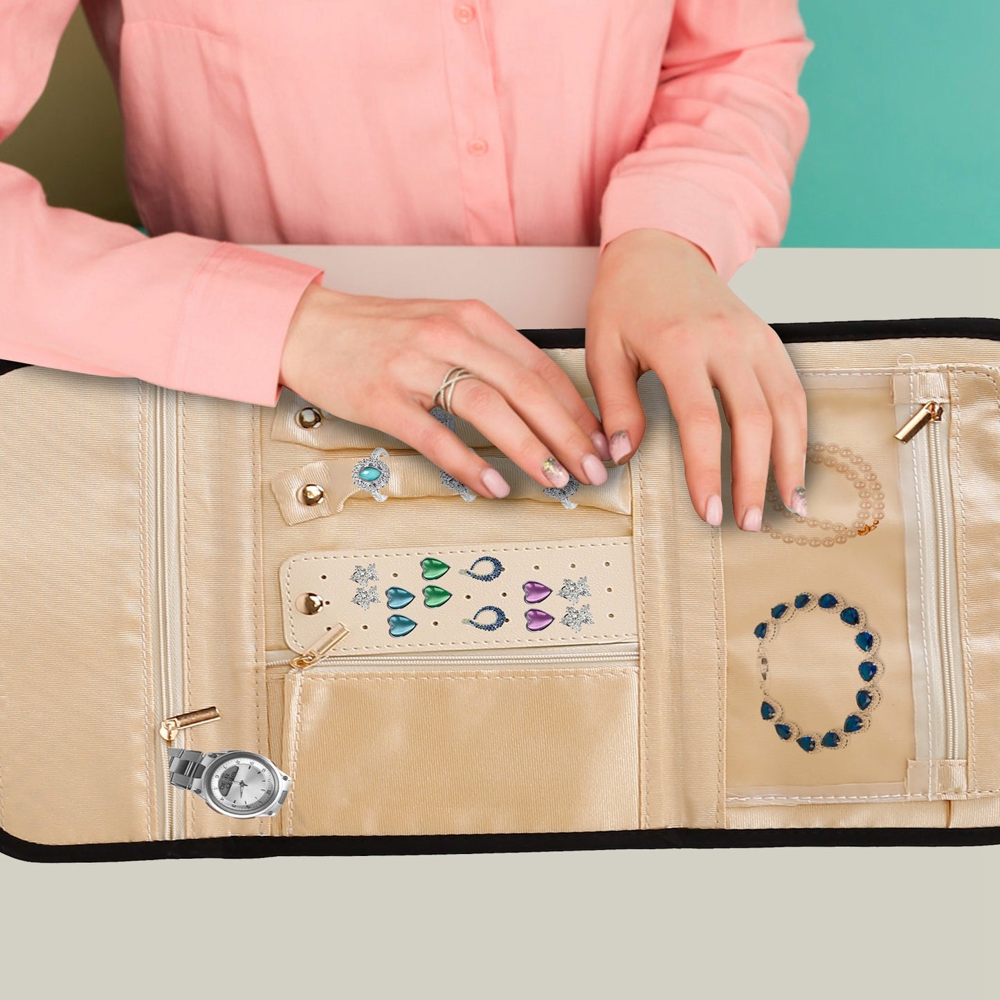 Travel Jewelry Organizer Case - Foldable Roll Storage Bag